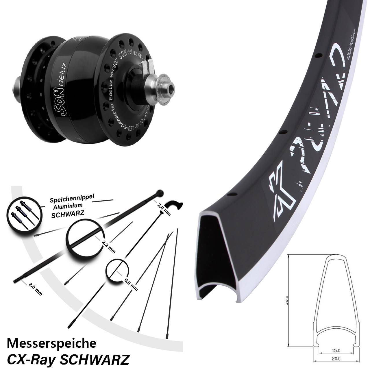 Vorderrad Dynamo SONdelux schwarz KX Road QR 24x CX-Ray Messerspeiche