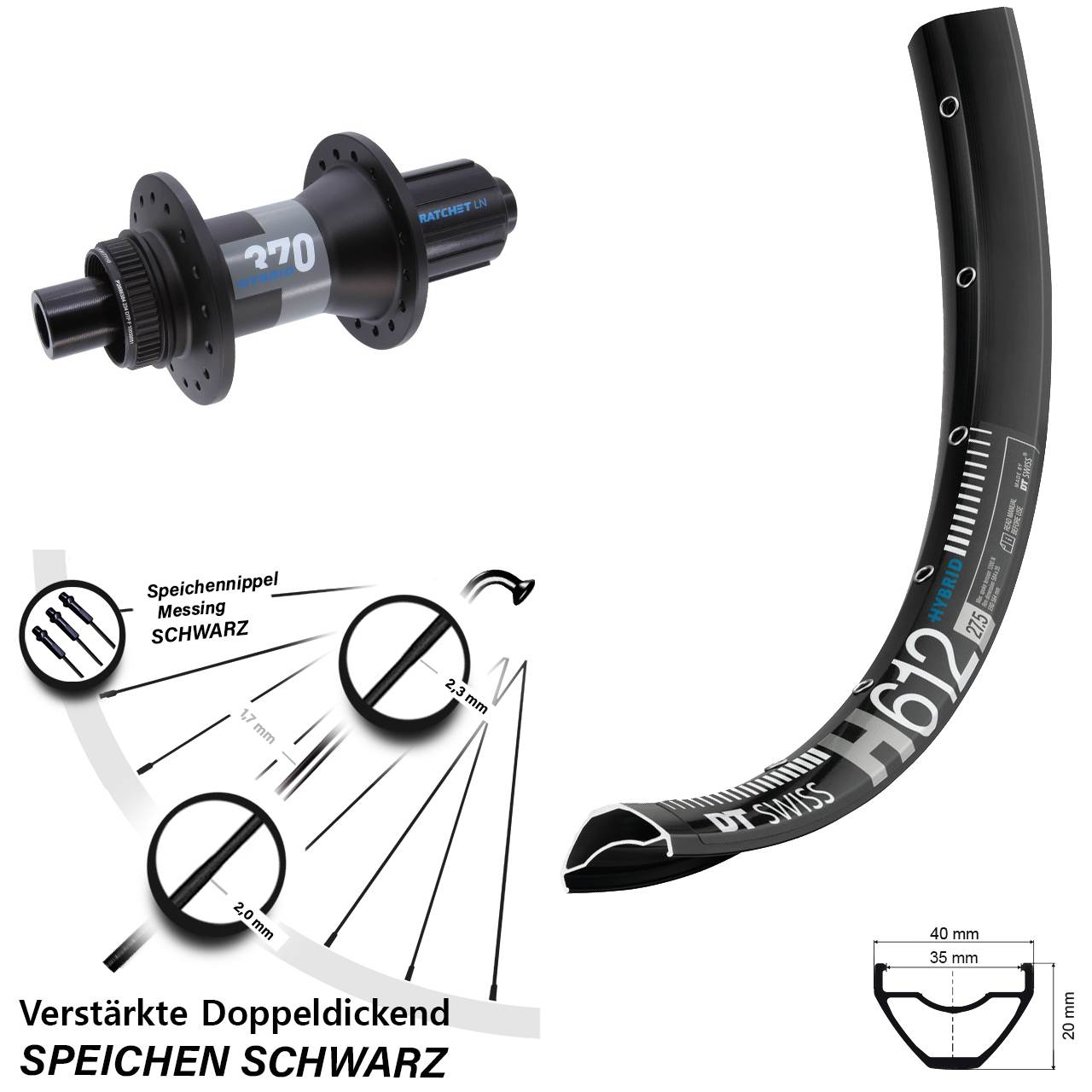 27,5 Zoll verstärkt H612 DT Swiss 370 Hybrid Hinterrad 12x148 Boost 8-11 fach HG
