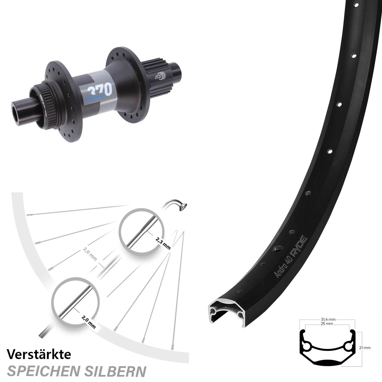 Ryde Andra 40 DT Swiss 370 Hybrid 650B Hinterrad Centerlock 12x148 Shimano Micro Spline