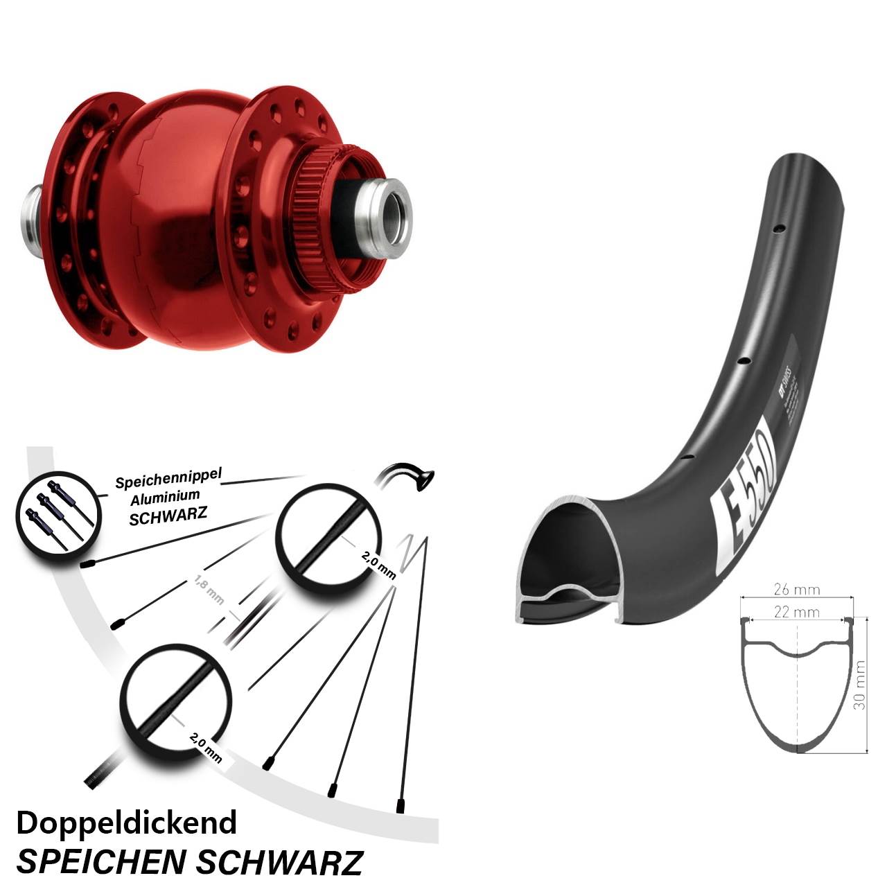 Disc Vorderrad mit Nabendynamo 12x100 DT Swiss E550 SON 28 Zoll rot