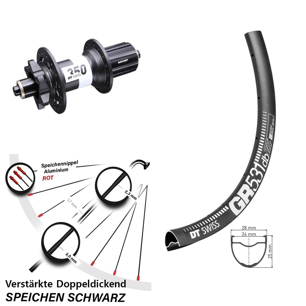 28 Zoll DT Swiss GR531 DT Swiss 350 Ratchet 36 Disc Laufrad für Schnellspanner 8-11 fach