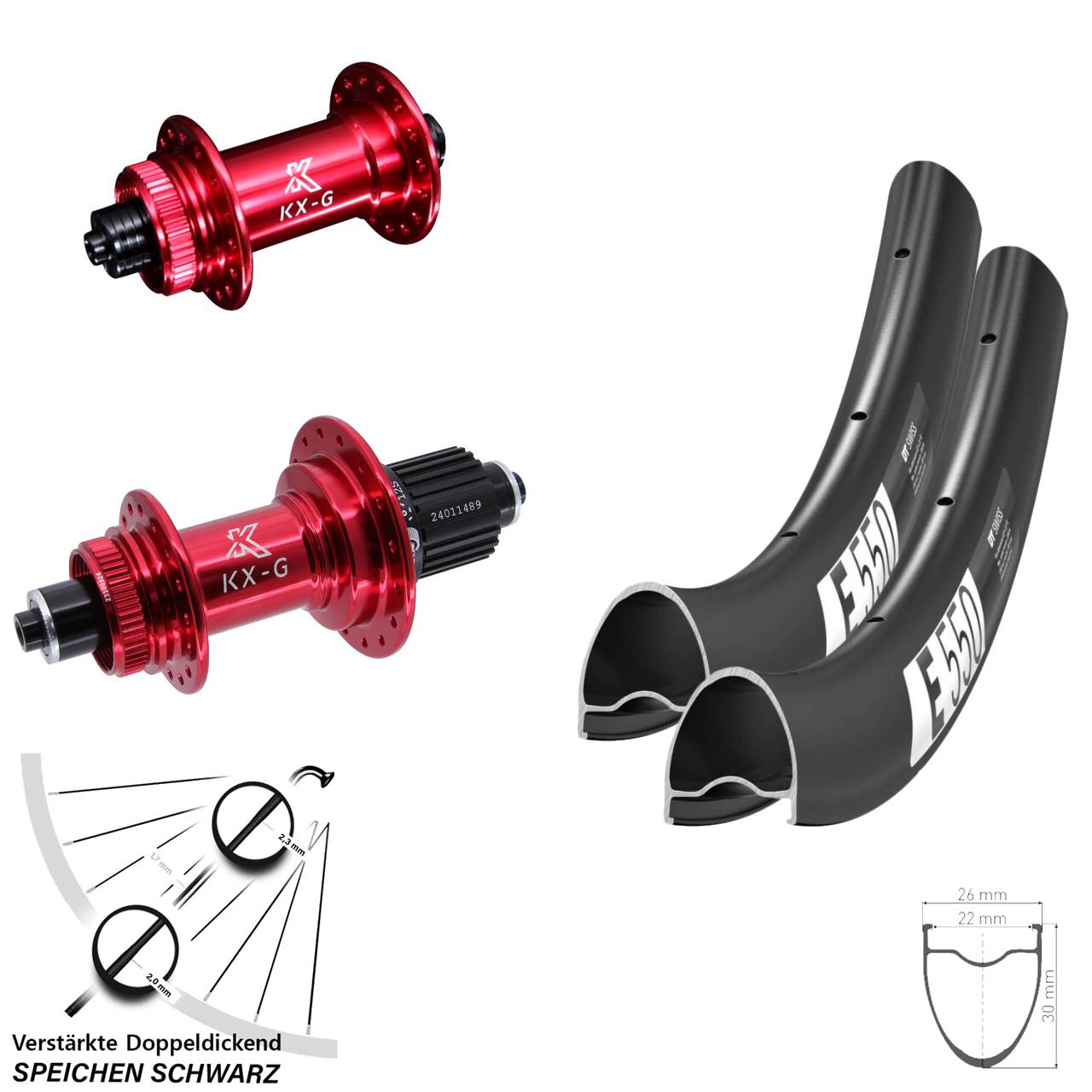 28 Zoll DT Swiss E550 KX-G rot Disc Laufradsatz für Schnellspanner Shimano Micro Spline