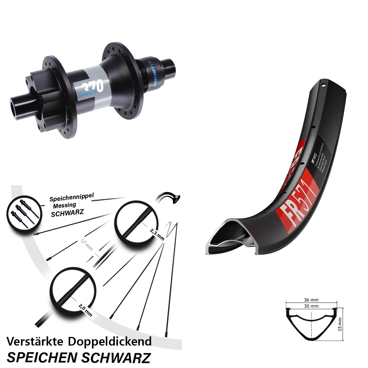 27,5 Zoll DT Swiss FR571 Hybrid 370 6-Loch Hinterrad 12x148 XD