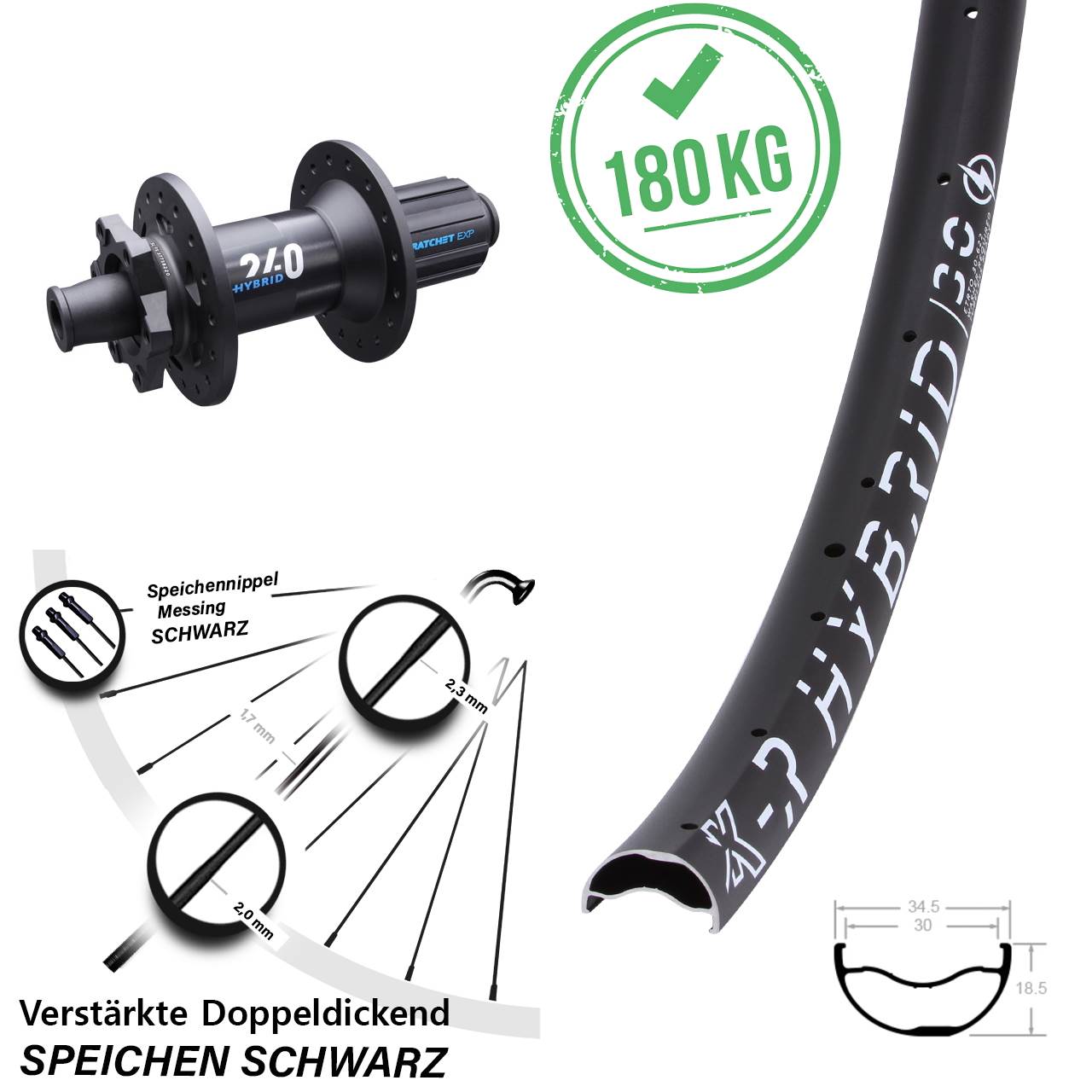 leichtes E-Bike Hinterrad KX-R Hybrid 30 DT Swiss 240 Boost 29 Zoll 11-fach