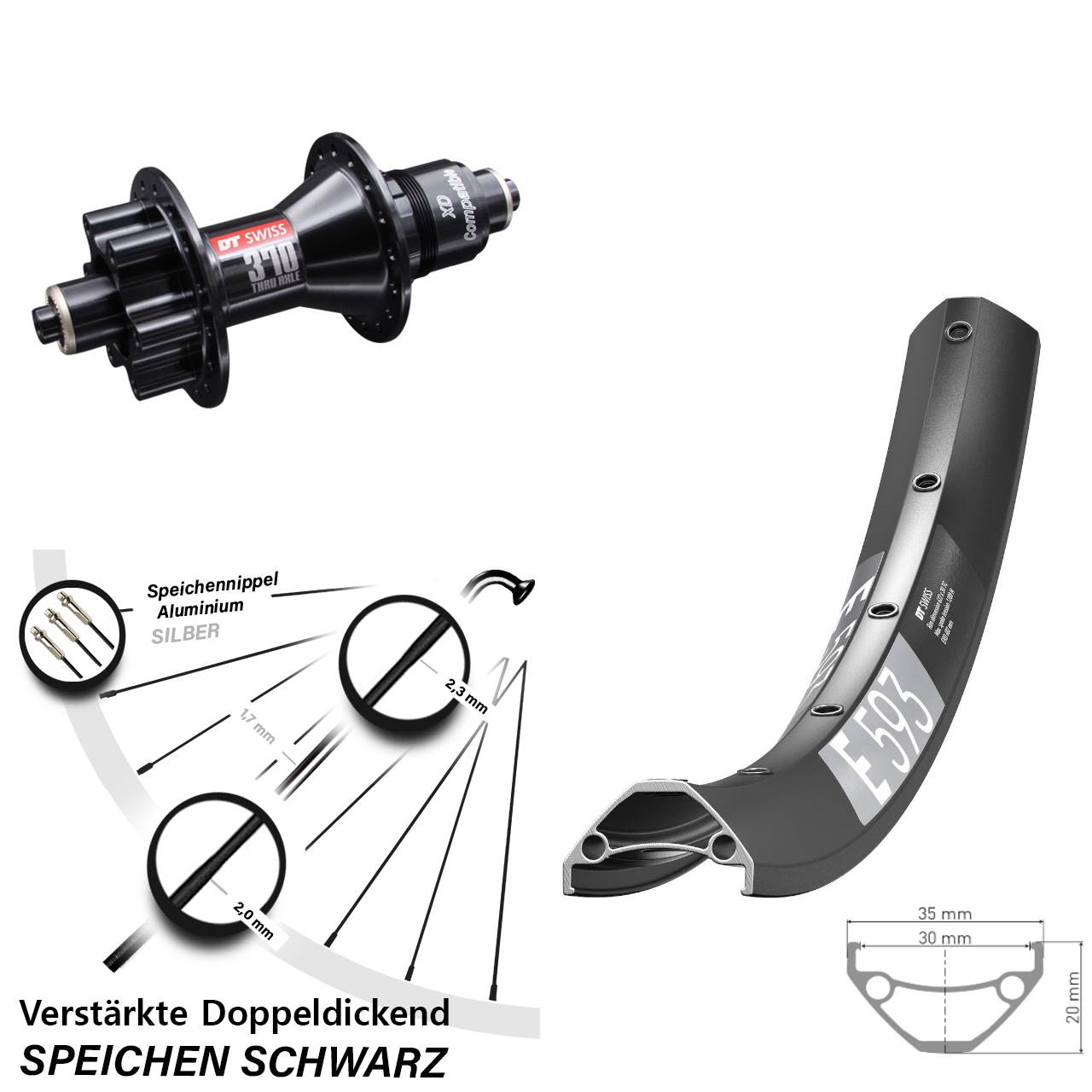DT Swiss E593 DT Swiss 370 29 Zoll Hinterrad 6-Loch QR SRAM XD
