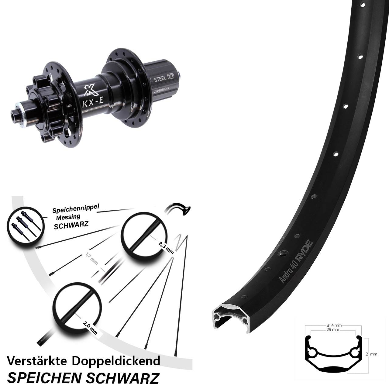 Ryde Andra 40 KX-E 26 Zoll Disc Laufrad für Schnellspanner Boost 8-12 fach