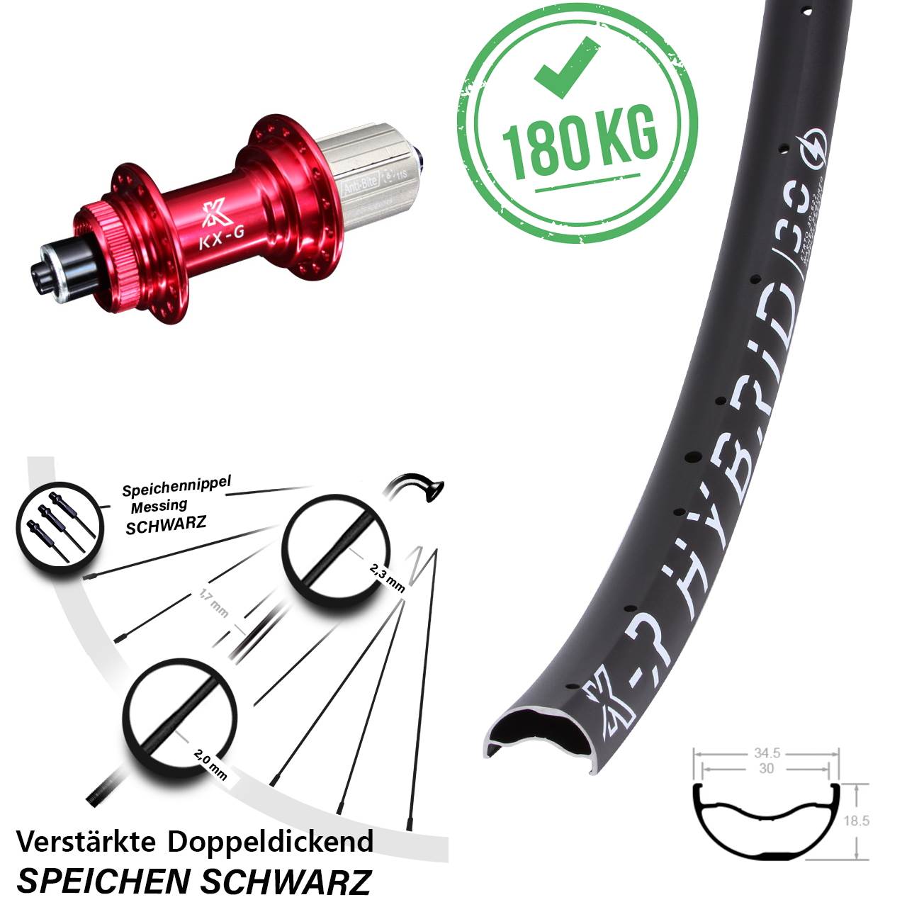 Centerlock Hinterrad für Schnellspanner 29 Zoll KX-GR Hybrid 30 rot 8-12 fach