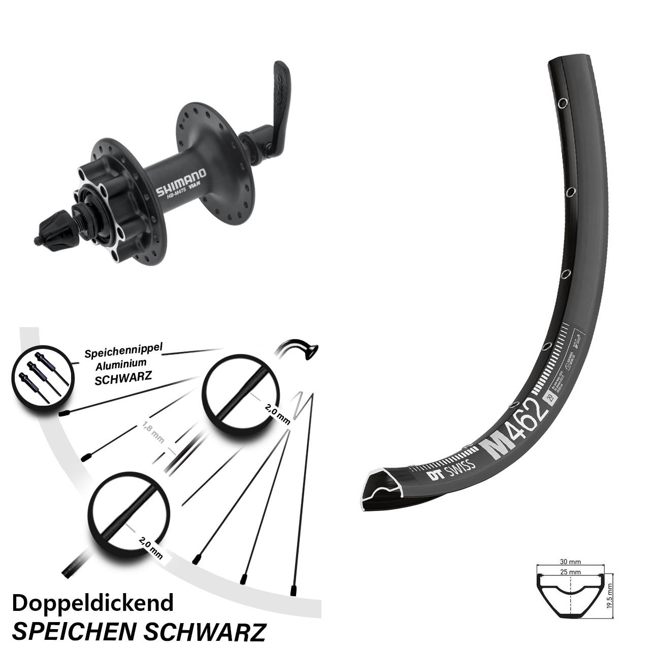 Vorderrad 6-Loch 650B DT Swiss M 462 Shimano HB-M475 für Schnellspanner