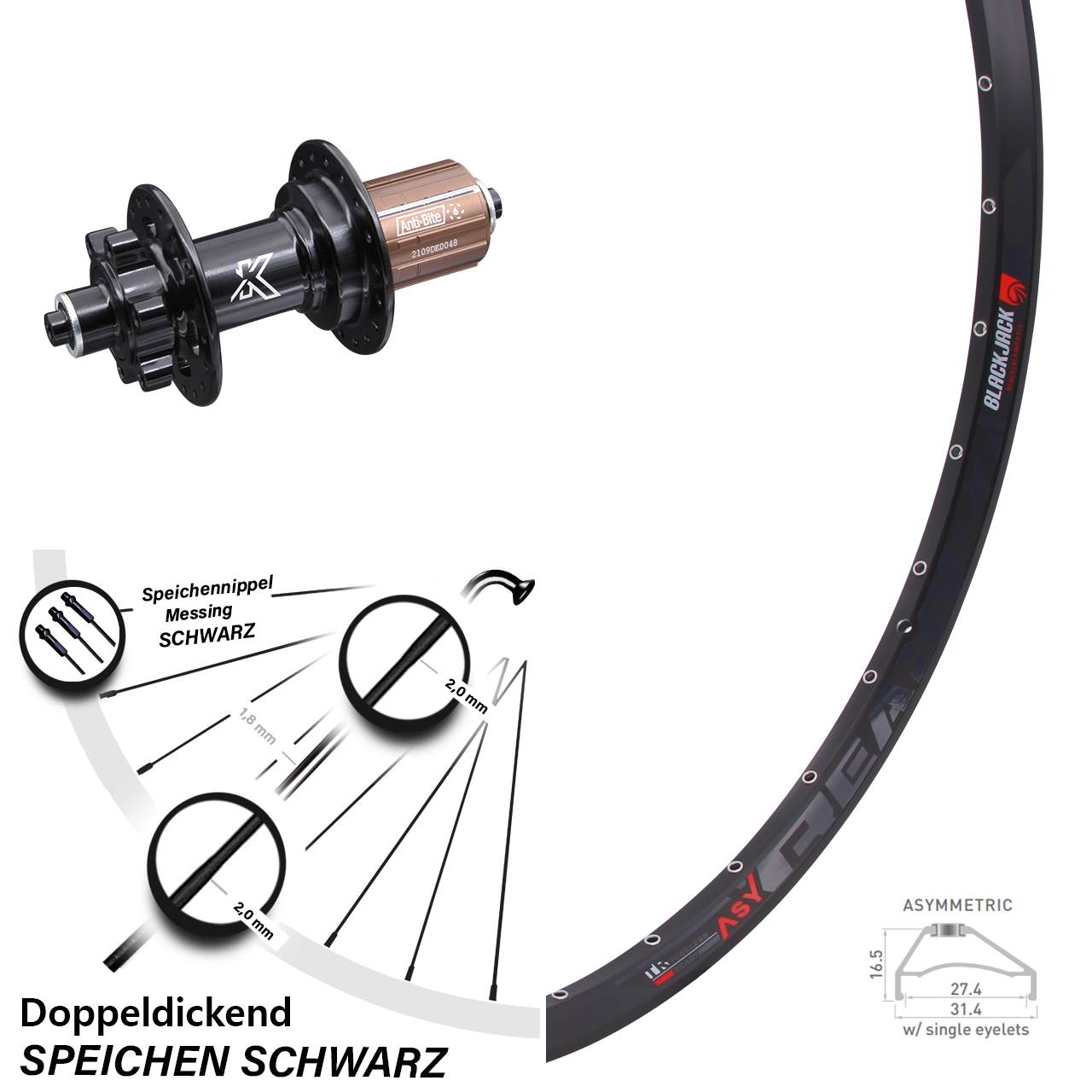 27,5 Zoll Hinterrad KX-M schwarz Schnellspanner 6-loch 8-12 fach Rodi Ready 27-584 ETRTO