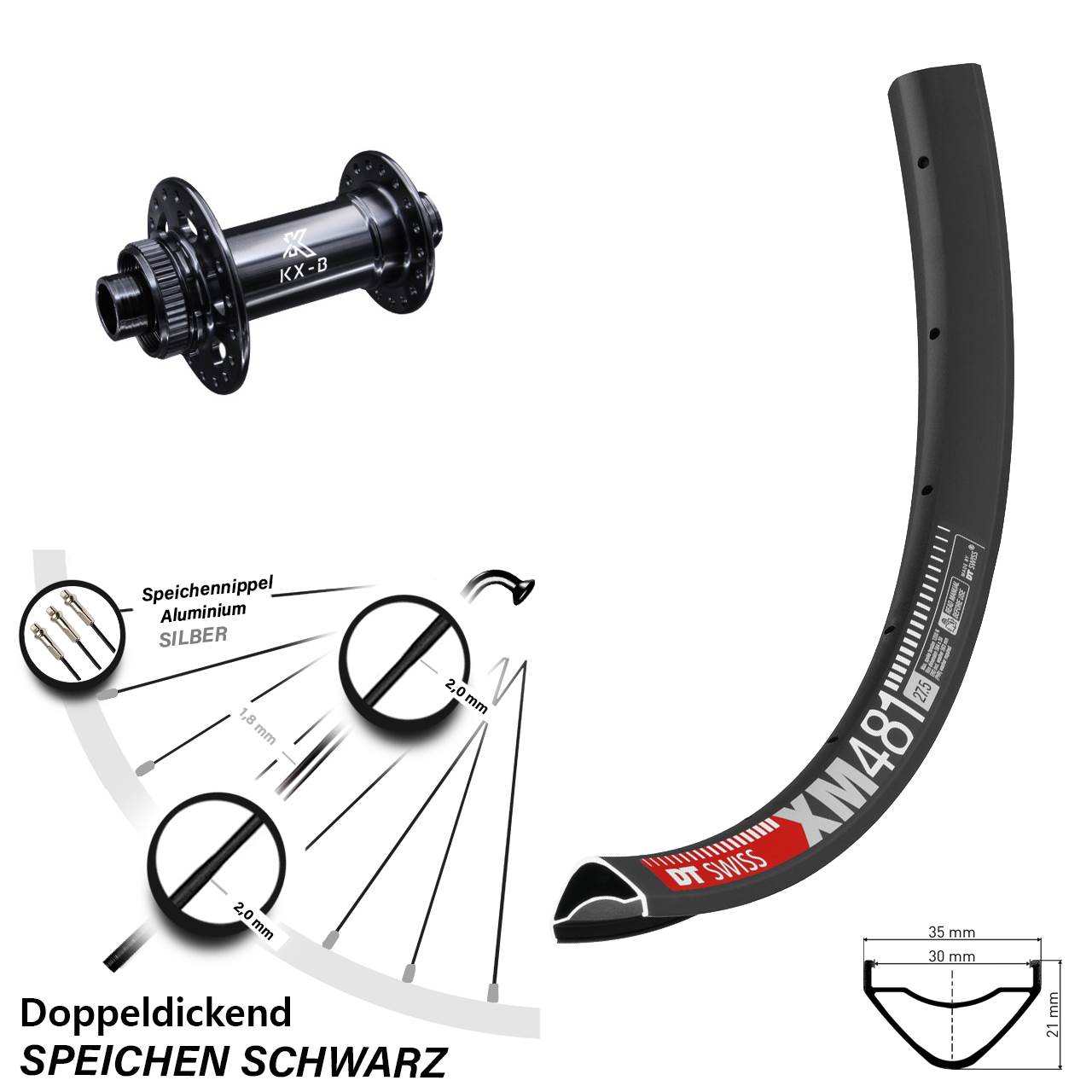 27,5 Zoll DT Swiss XM 481 Vorderrad KX-B Centerlock Boost