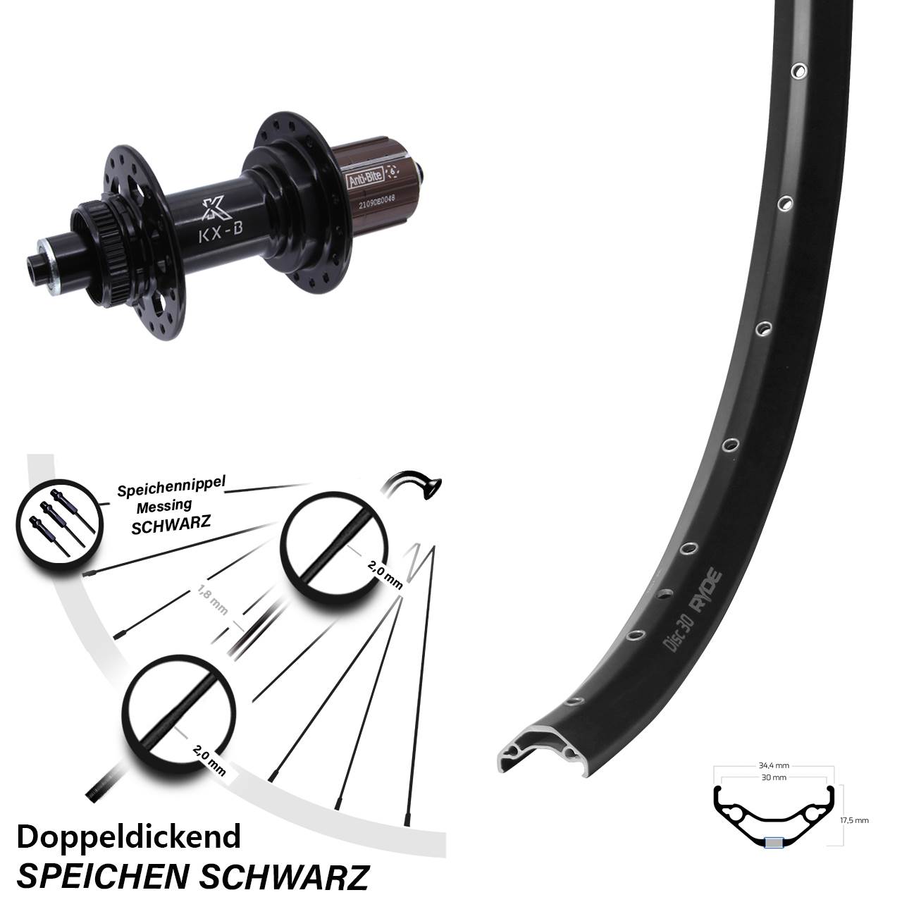 Boost Centerlock Hinterrad für Schnellspanner 29 Zoll Ryde Disc 30 KX-B 8-12 fach HG