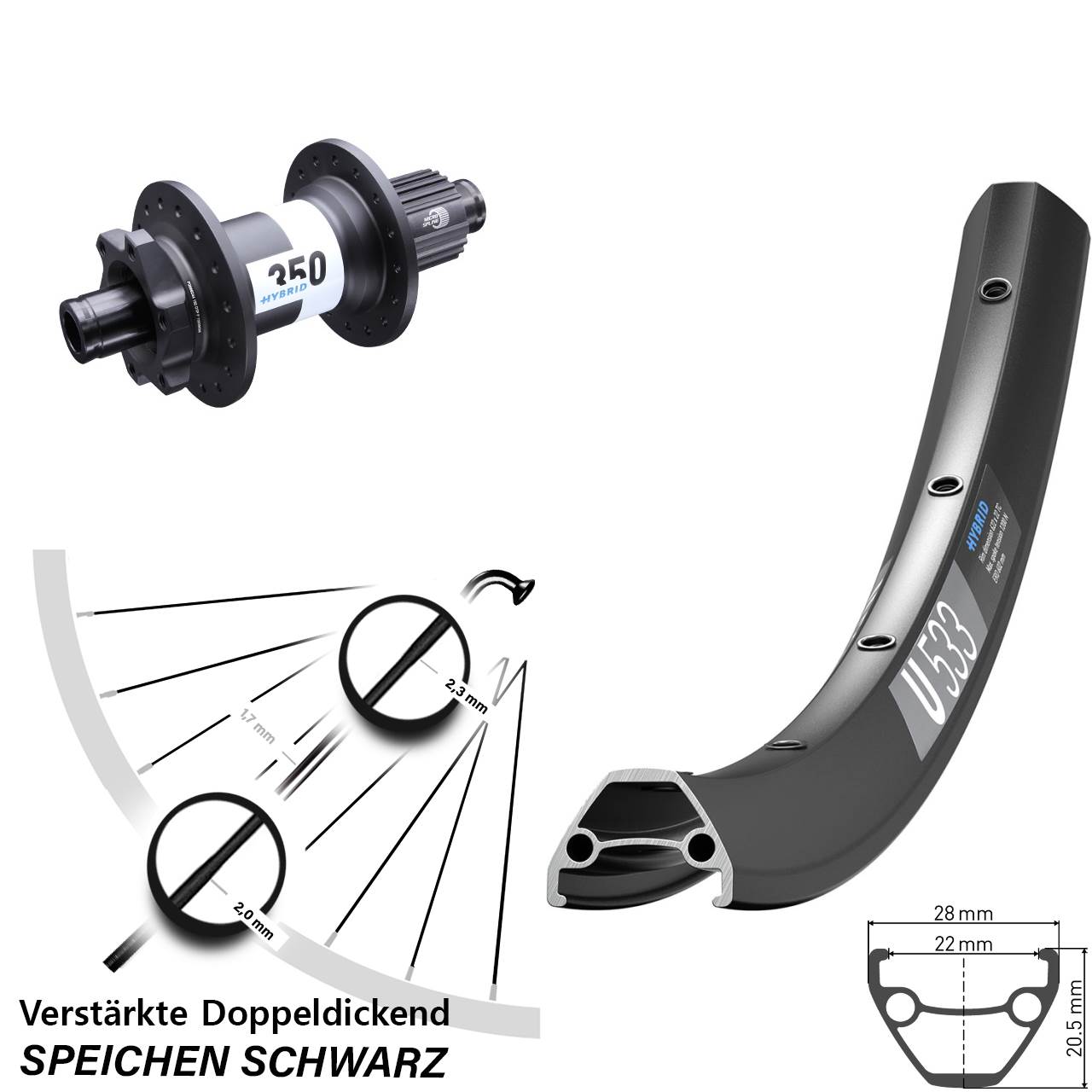 6-Loch Hinterrad 12x148 28 Zoll DT Swiss U 533-350 Hybrid Shimano Micro Spline