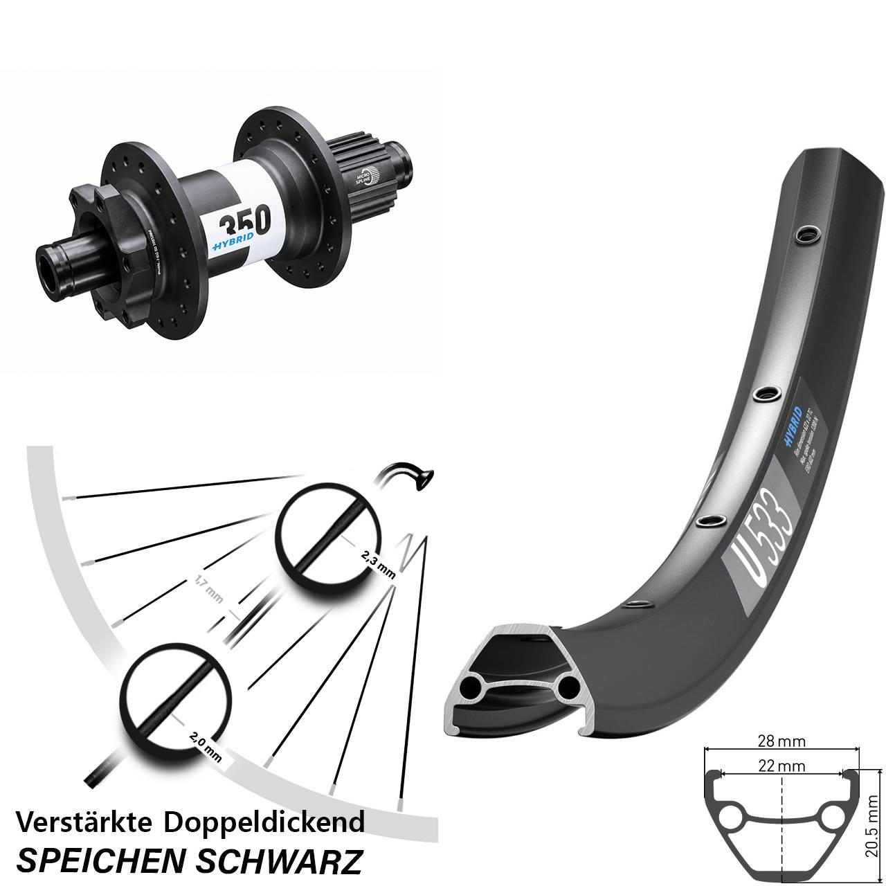 6-Loch Hinterrad 12x148 28 Zoll DT Swiss U 533-350 Hybrid Shimano Micro Spline