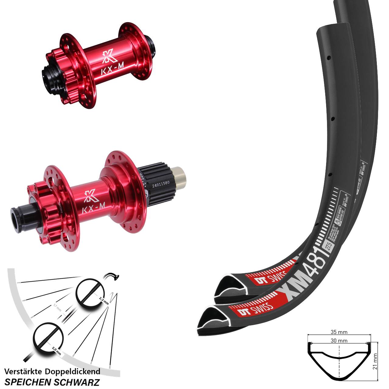 DT Swiss XM481 KX-M rot 27,5 Zoll 6-Loch Laufradsatz 12x100/142 Shimano Micro Spline