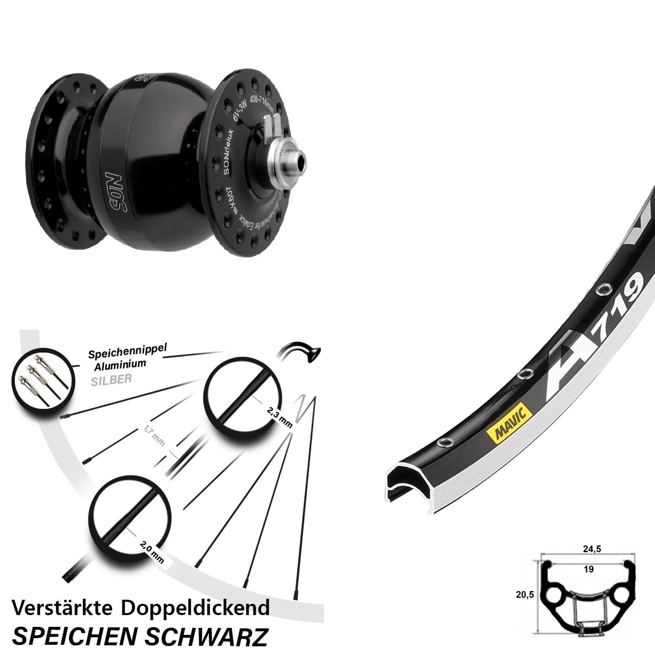 SON delux wide body Mavic A 719 28 Zoll Nabendynamovorderrad QR