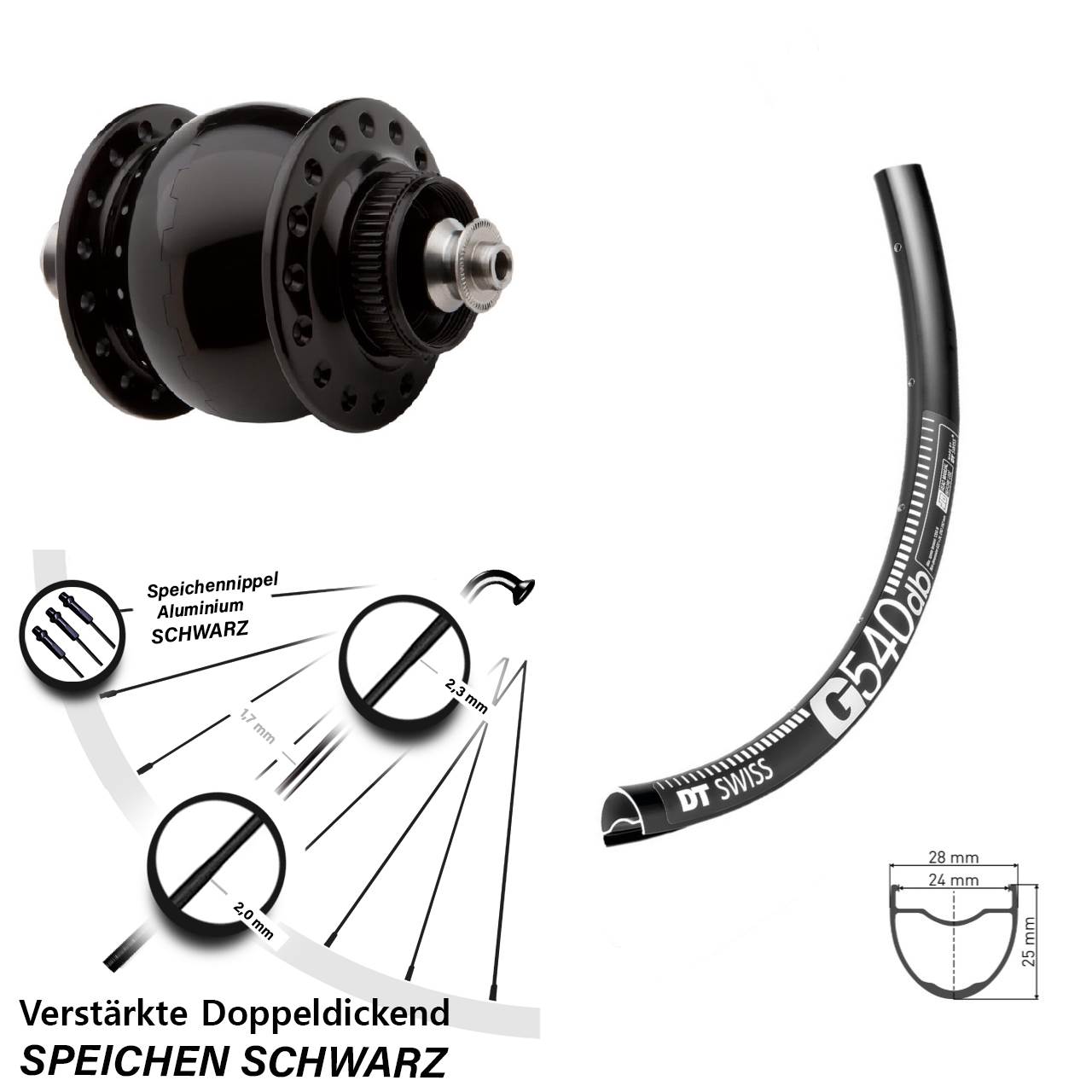 Disc Nabendynamo-Laufrad 28 Zoll DT Swiss G 540 SONdelux für Schnellspanner