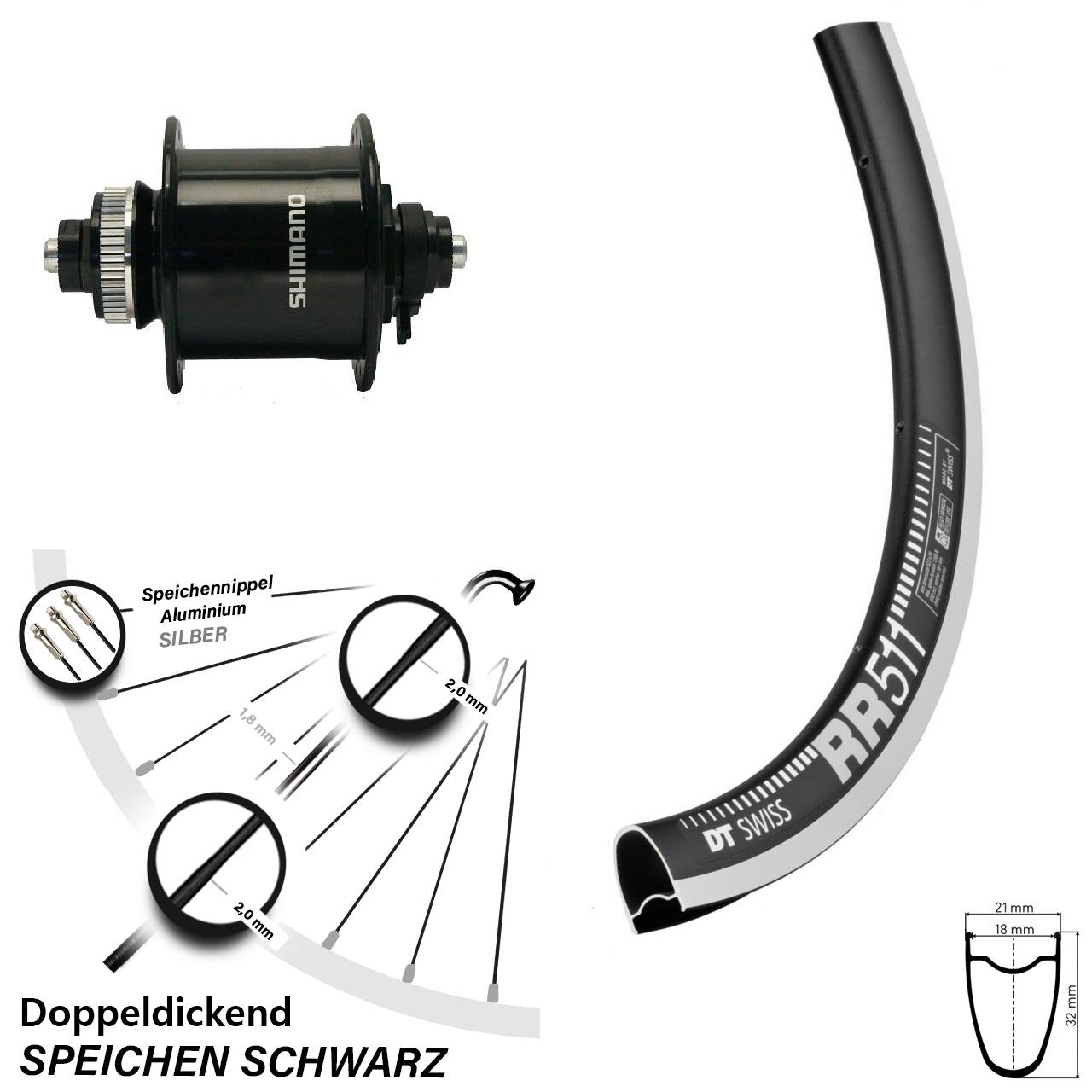 Shimano DH-UR700 Nabendynamo DT Swiss RR 511 Vorderrad 28 Zoll