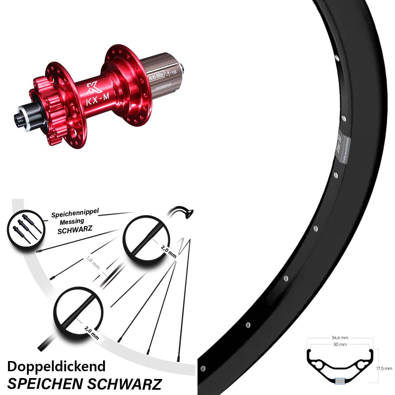 Ryde Disc 30 KX-M rot 27,5 Zoll 6-Loch Hinterrad QR 8-12 fach
