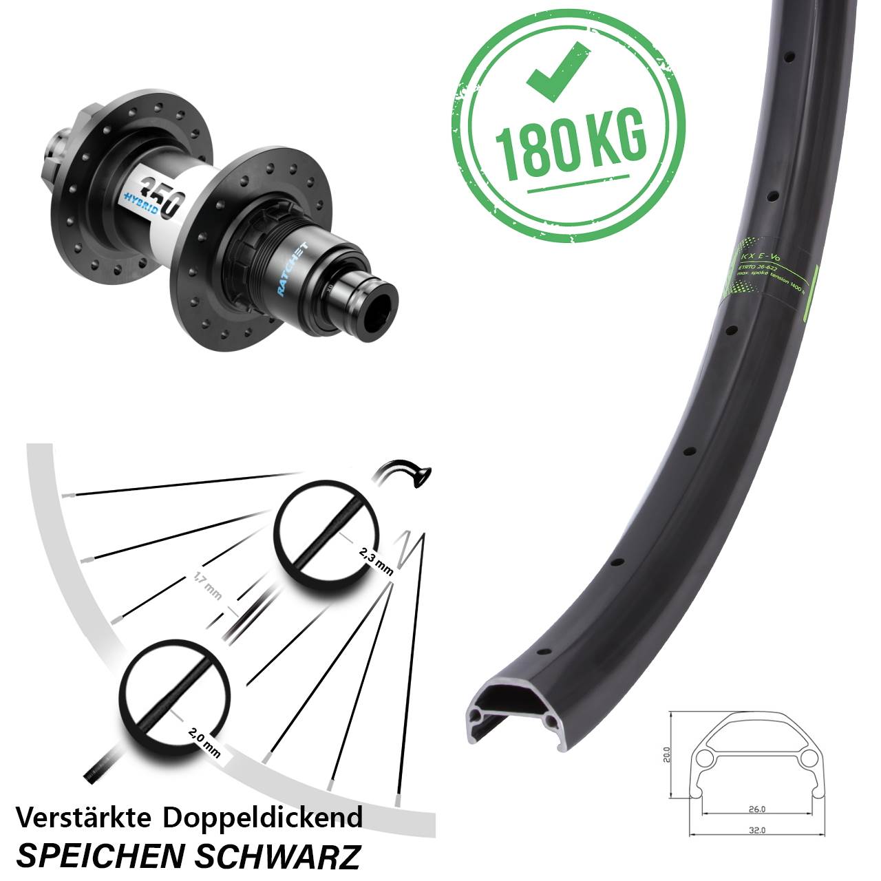 Hinterrad 6-Loch 26 Zoll KX Evo DT Swiss 350 Hybrid XD 12x148 Boost