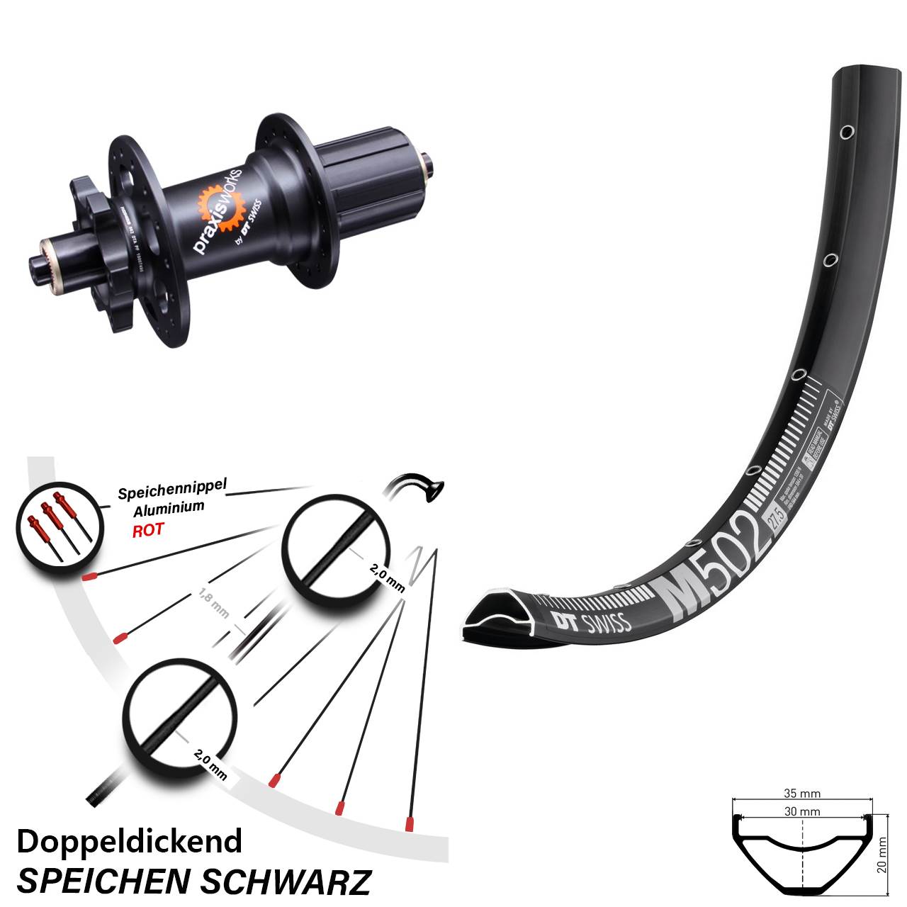 DT Swiss M 502-350 29 Zoll 6-Loch Hinterrad QR 8-11 fach