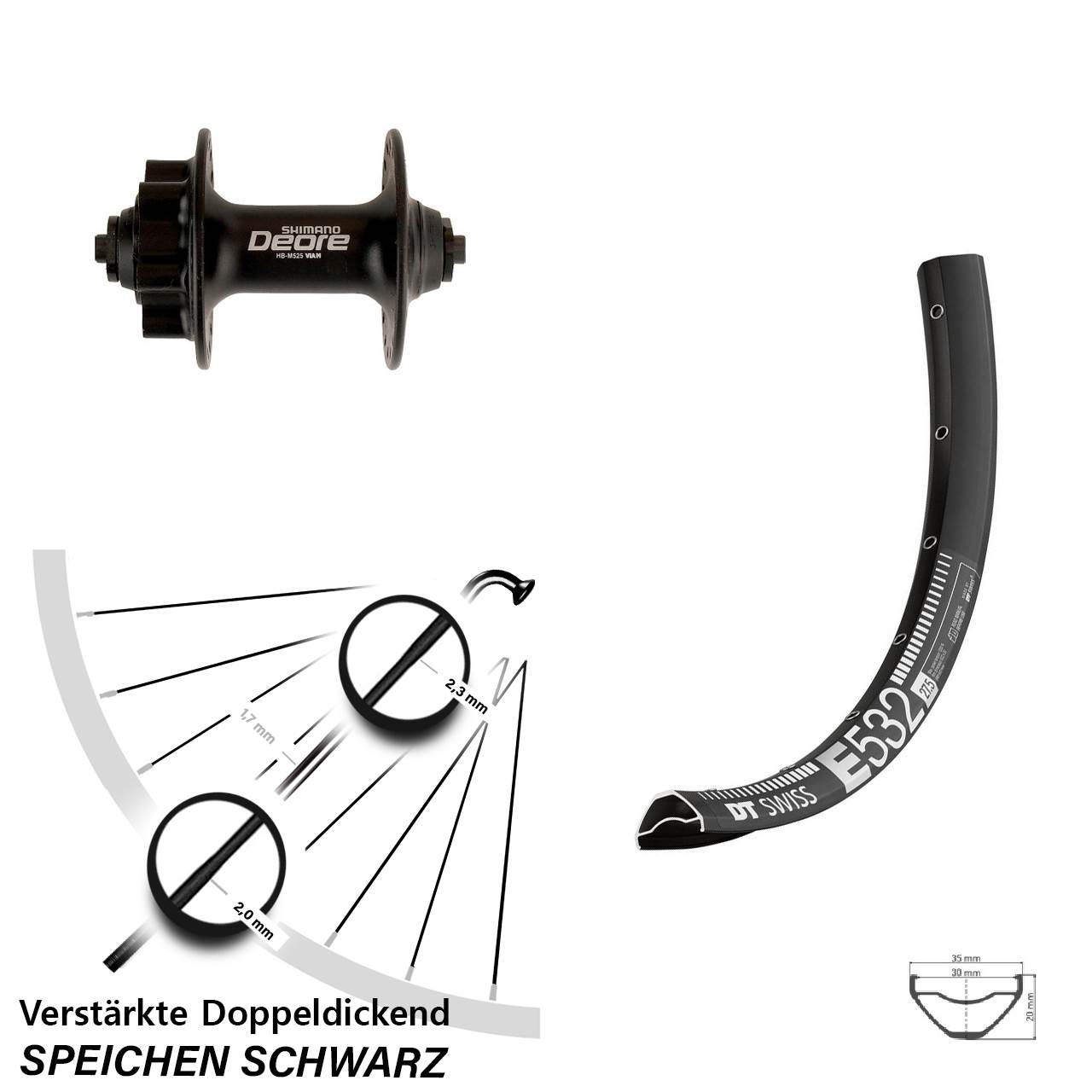 27,5 Zoll DT Swiss E532 Shimano Deore 6-Loch Vorderrad für Schnellspanner
