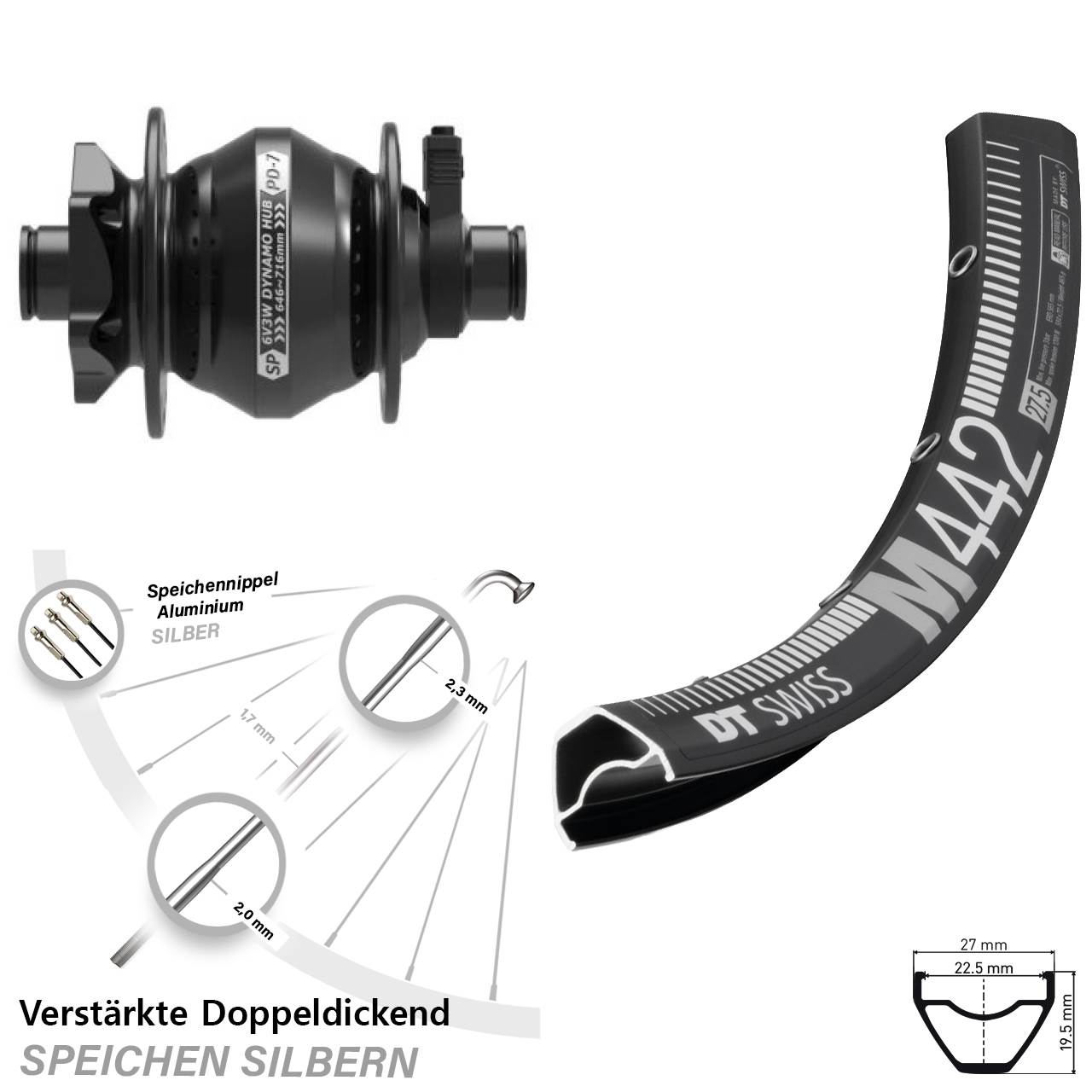 Disc Vorderrad mit Nabendynamo 29 Zoll DT Swiss M 442 Shutter Precision PD-7 12x100