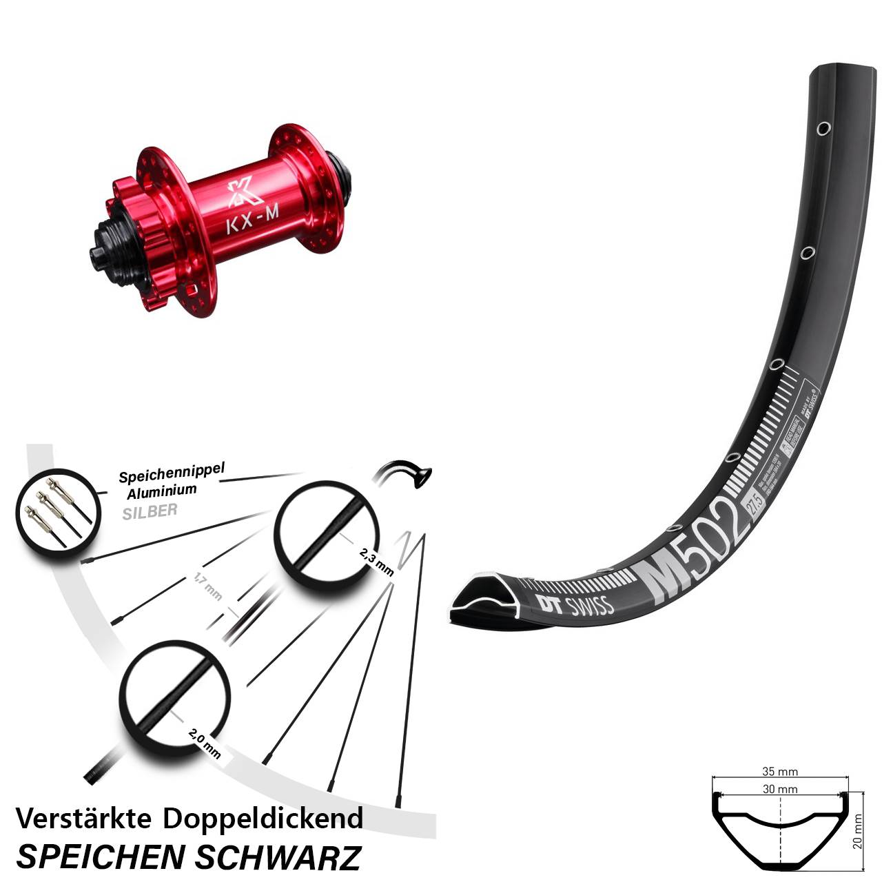 DT Swiss M 502 KX-M rot 29 Zoll Vorderrad 6-Loch für Schnellspanner