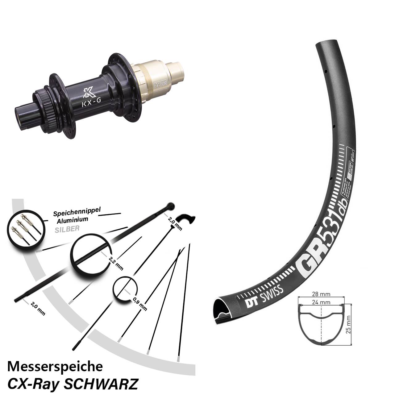 28/29 Zoll Hinteres Rad DT Swiss GR 531 DB Disc schwarz KX-G Steckachse Sram XDR Nabe