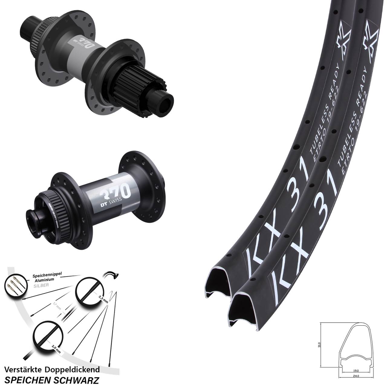 Centerlock Laufradsatz 15x100 12x142 28 Zoll KX 31 Offset DT Swiss 370 Micro Spline