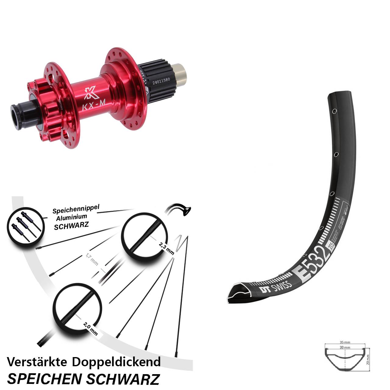 6-Loch Hinterrad 27,5 Zoll DT Swiss E532 KX-M rot Shimano Micro Spline 12x142