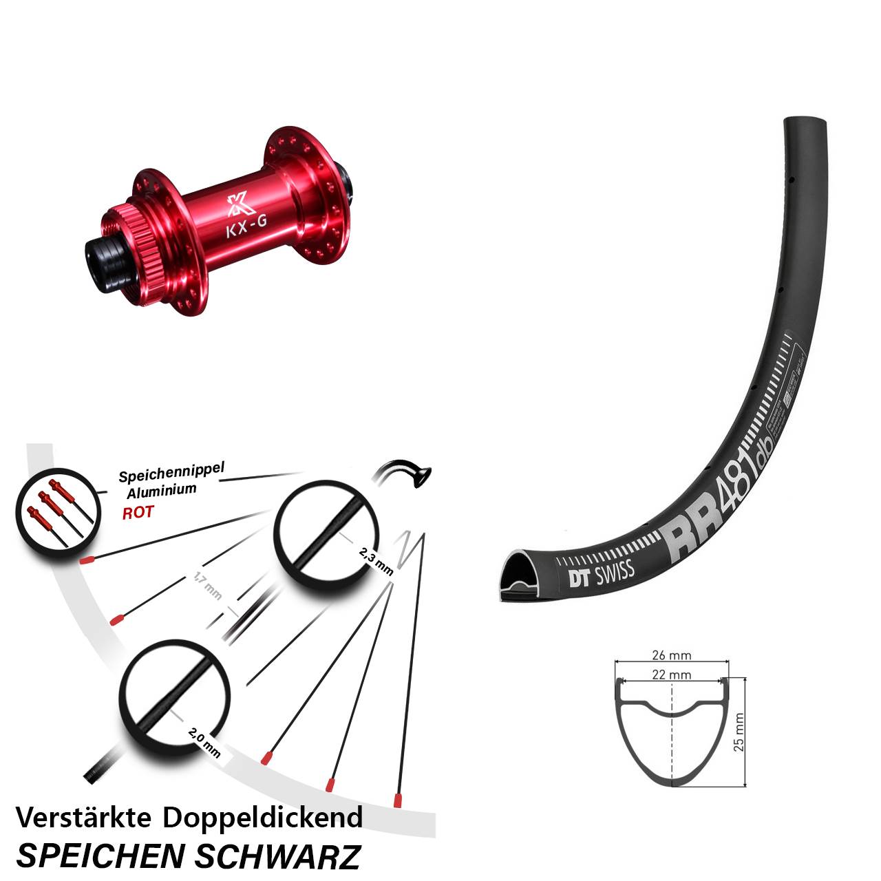 Vorderrad 28 Zoll DT Swiss RR 481 DB Disc verstärkt KX-G rot 12x100