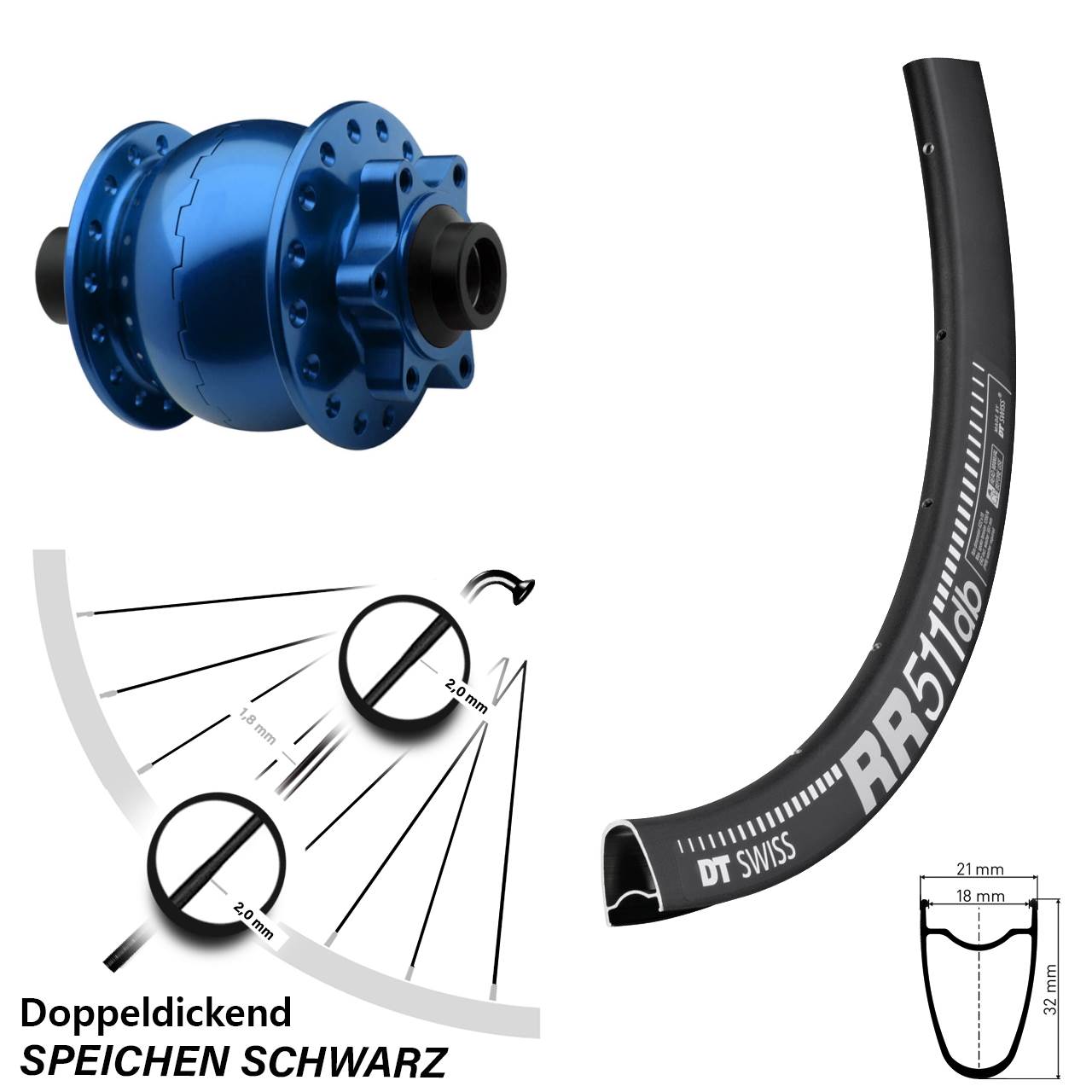SON 28 blau 28 Zoll DT Swiss RR 511 Disc Vorderrad mit Nabendynamo 15x100