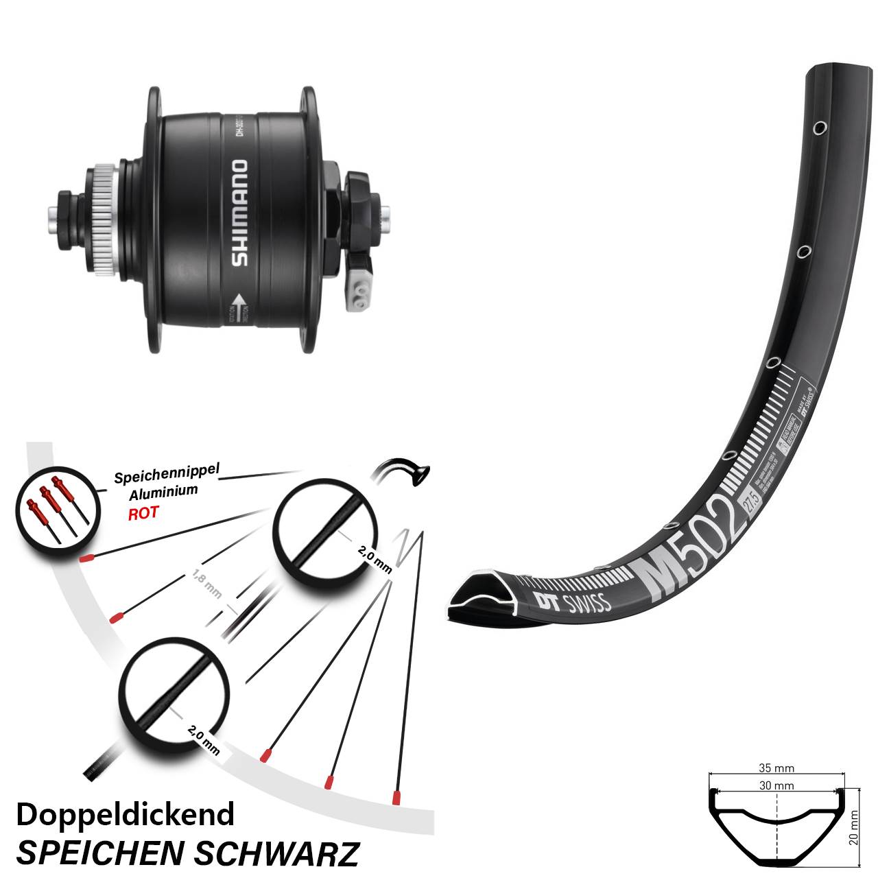 Nabendynamovorderrad Centerlock QR 27,5 Zoll DT Swiss M502 Shimano DH-3D37