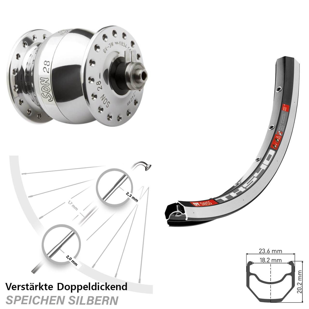 Vorderrad mit Nabendynamo SON 28 Zoll DT Swiss TK 540 für Schnellspanner