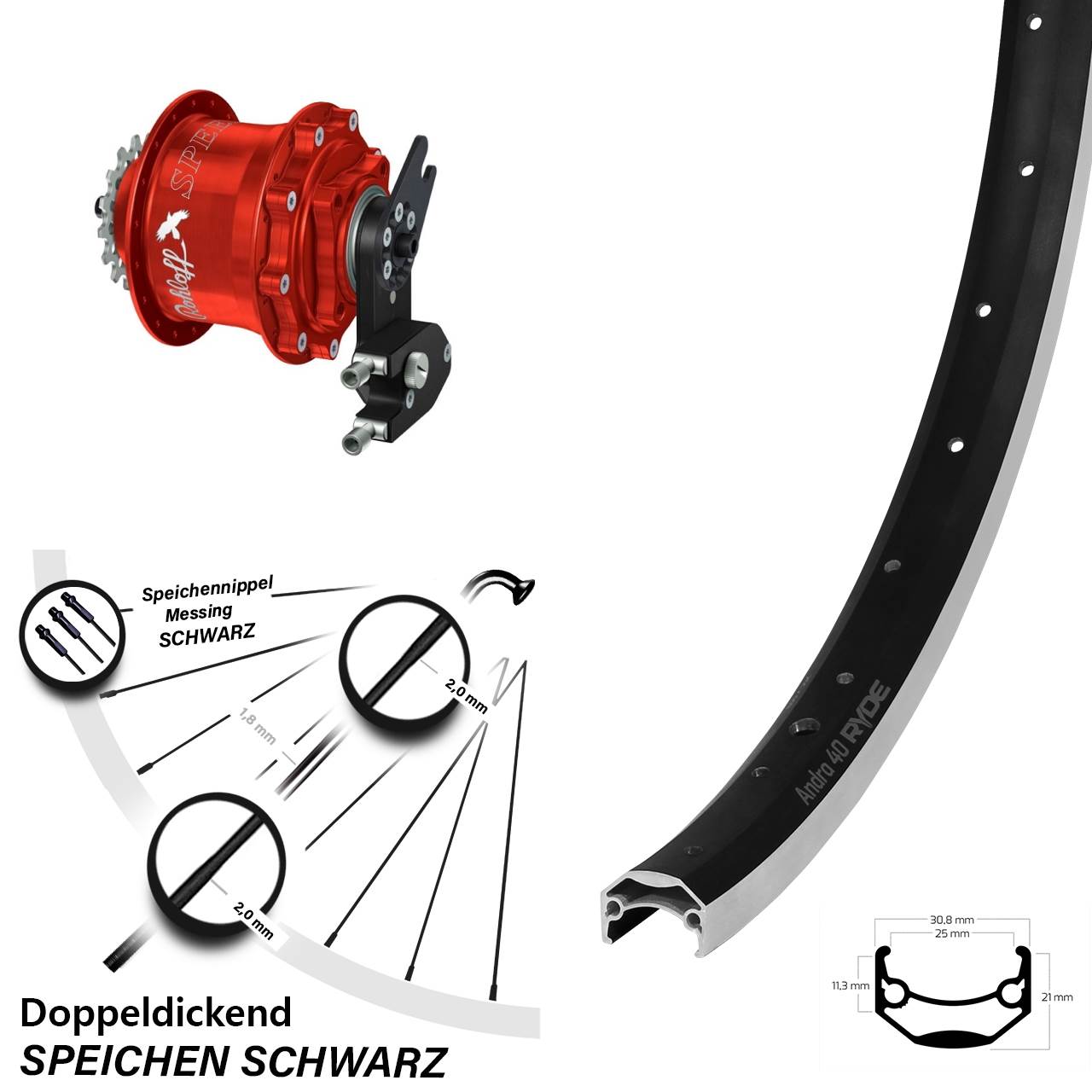 Hinterrad 20 Zoll Rohloff Speedhub 500/14 OEM2 rot Ryde Andra 40