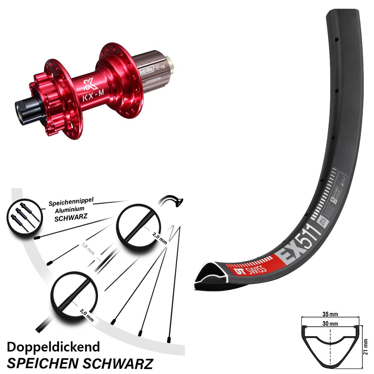 27,5 Zoll DT Swiss EX 511 Hinterrad KX-M rot 8-12 fach 12x142