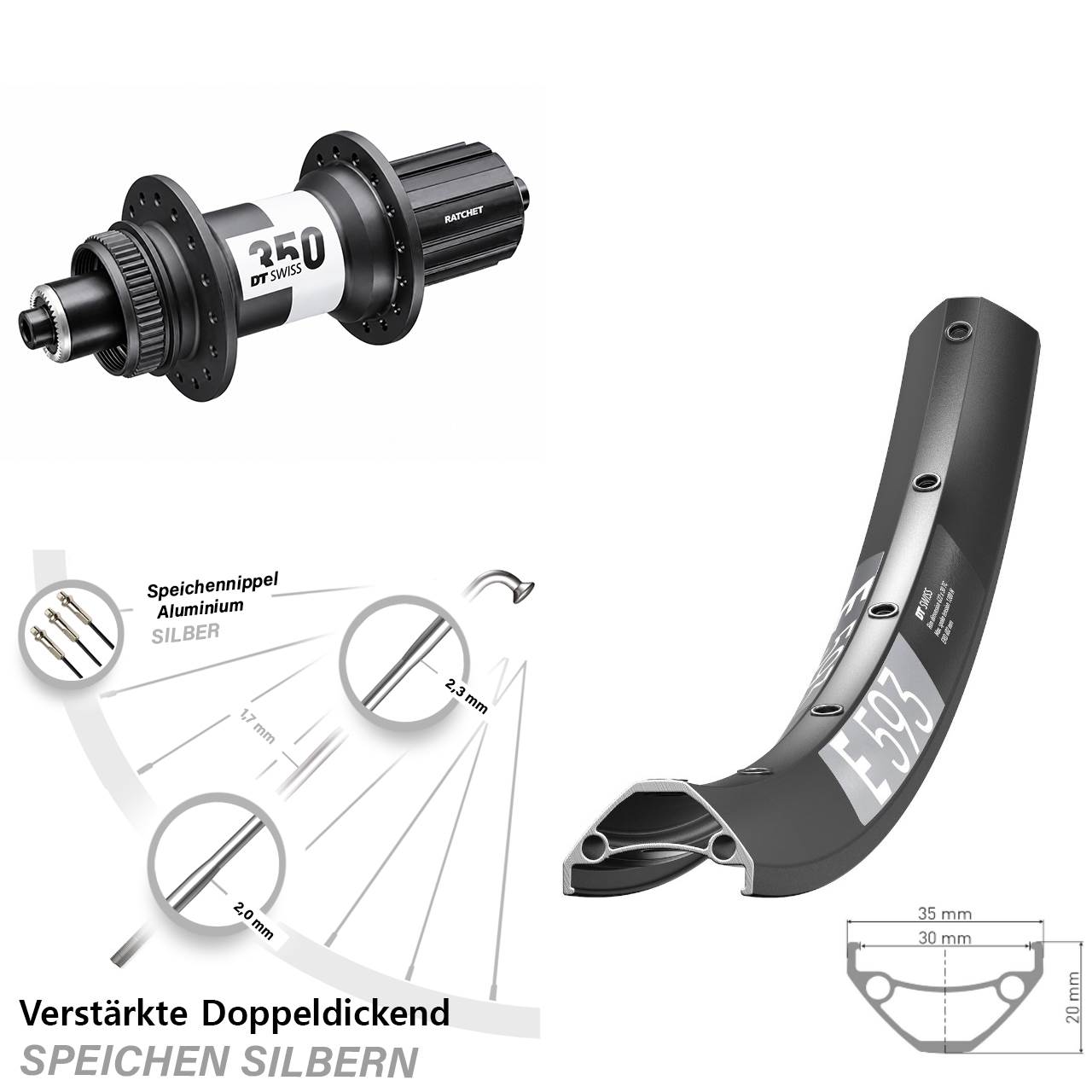 Centerlock Hinterrad 29 Zoll DT Swiss E 593 DT Swiss 350 Ratchet 36 8-11 fach QR