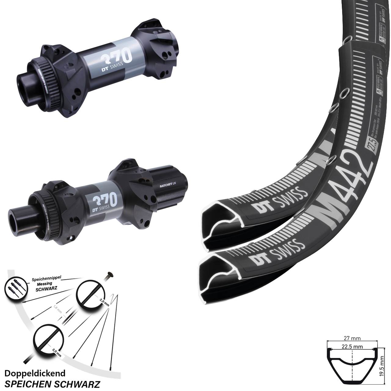 DT Swiss M 442 370 Straightpull 29 Zoll Laufradsatz Centerlock 15x110 12x148 8-11 fach