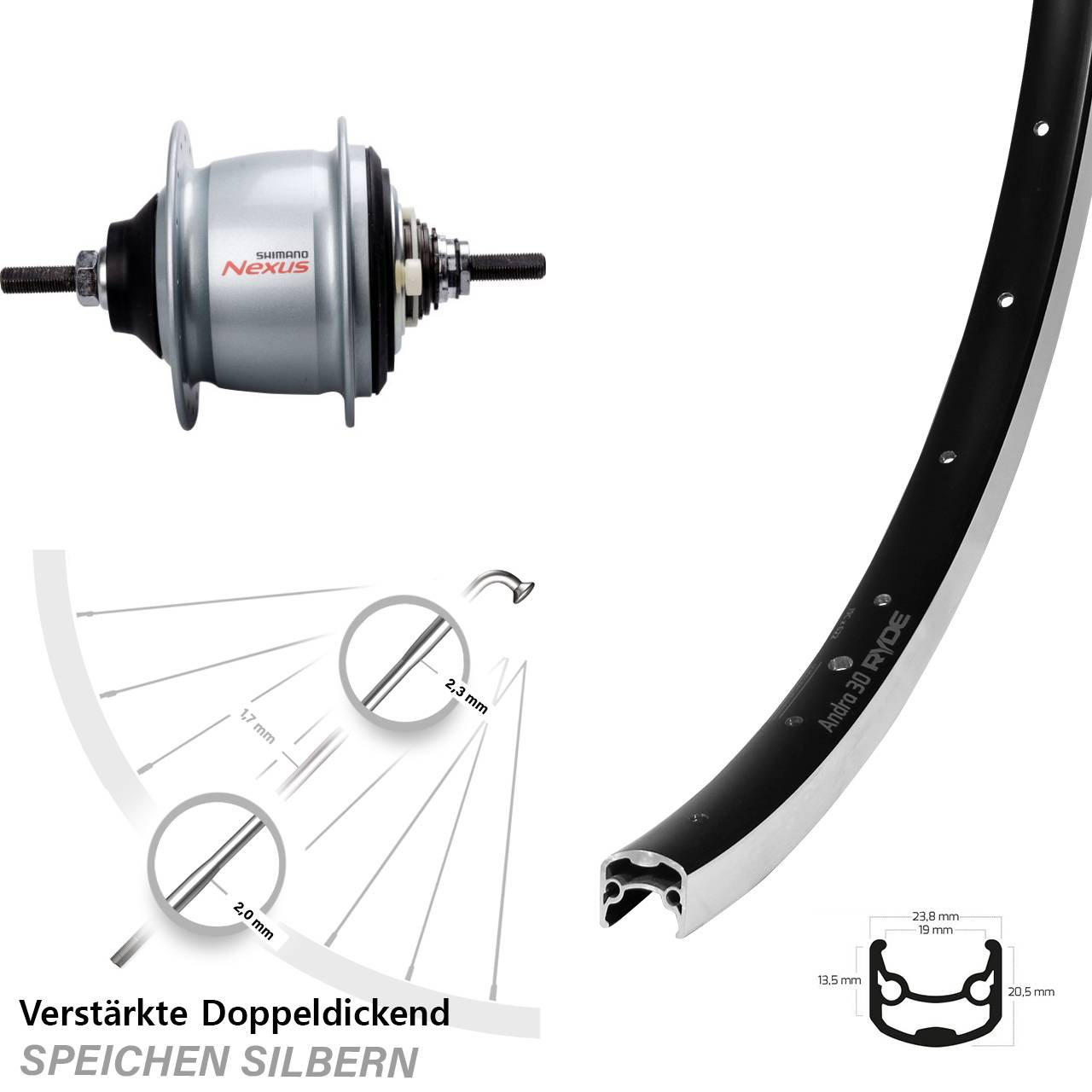 26 Zoll Ryde Andra 30 Shimano Nexus 8 Gang Hinterrad mit Freilauf