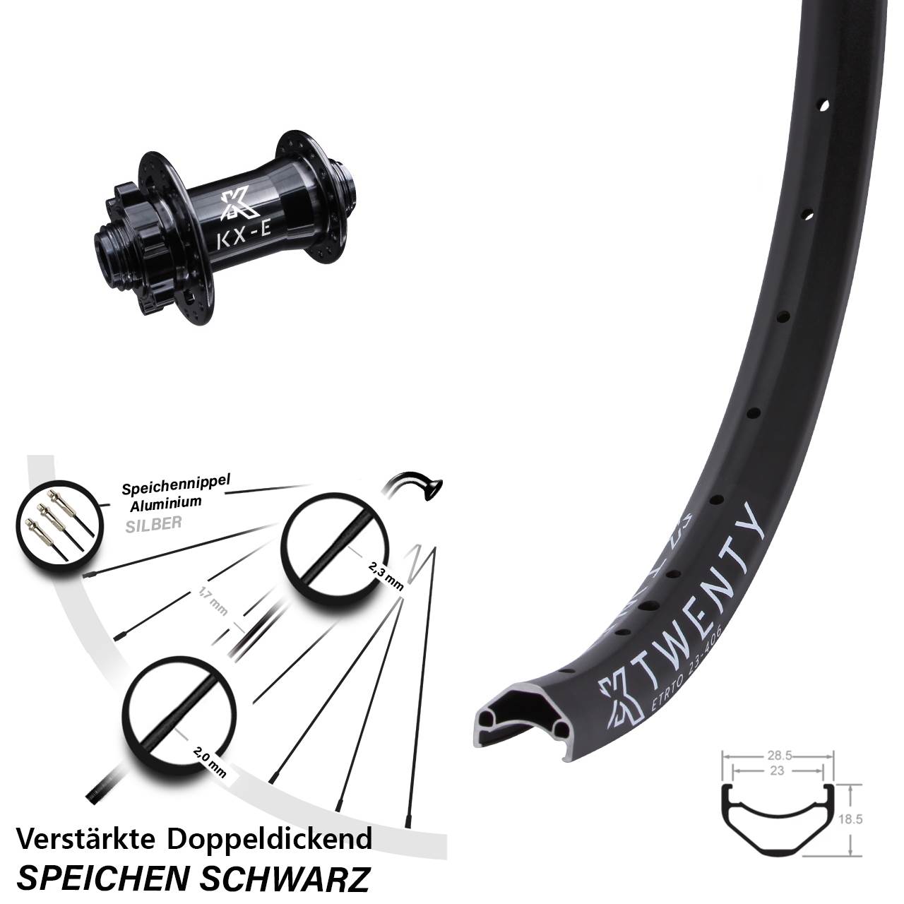 Vorderrad Cargo light 15x100 mm Steckachse 6-Loch KX-E Twenty 20 Zoll schwarz
