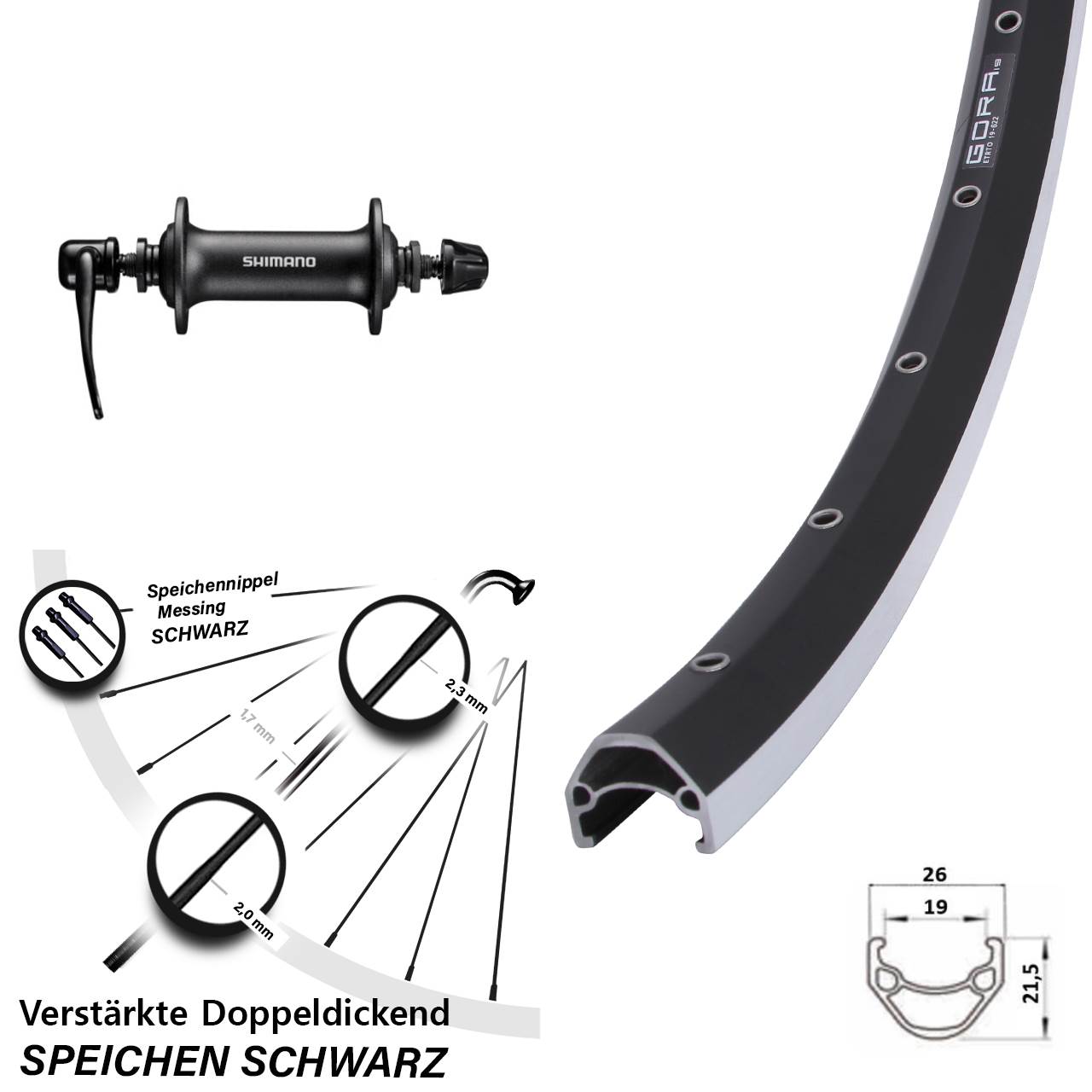 Vorderrad für Schnellspanner 28 Zoll Gora 19 Shimano HB-T3000