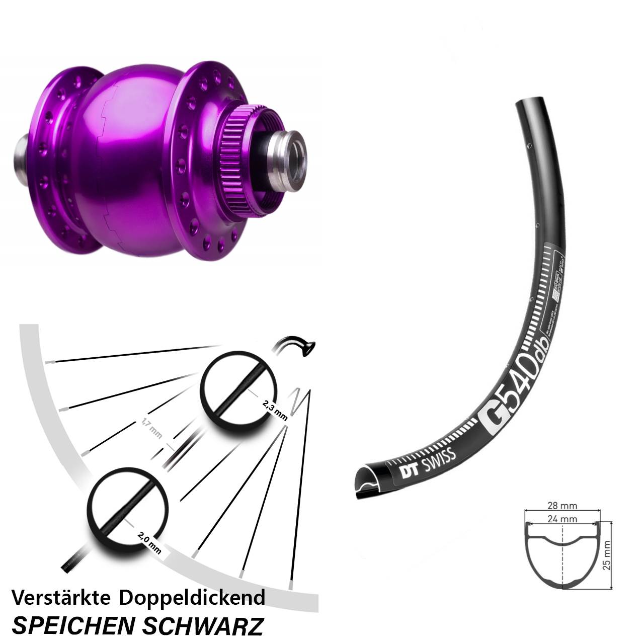 Centerlock Vorderrad mit Dynamo 29 Zoll DT Swiss G 540 SON 28 violett 12x100