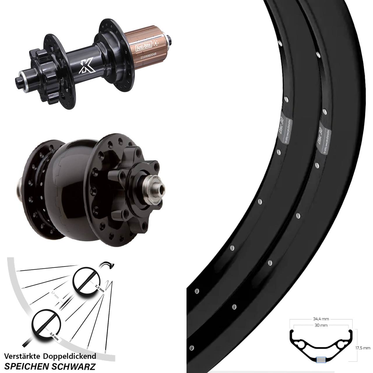Laufradsatz 27,5 Zoll Ryde Disc 30 KX-M SON 28 8-12 fach HG für Schnellspanner