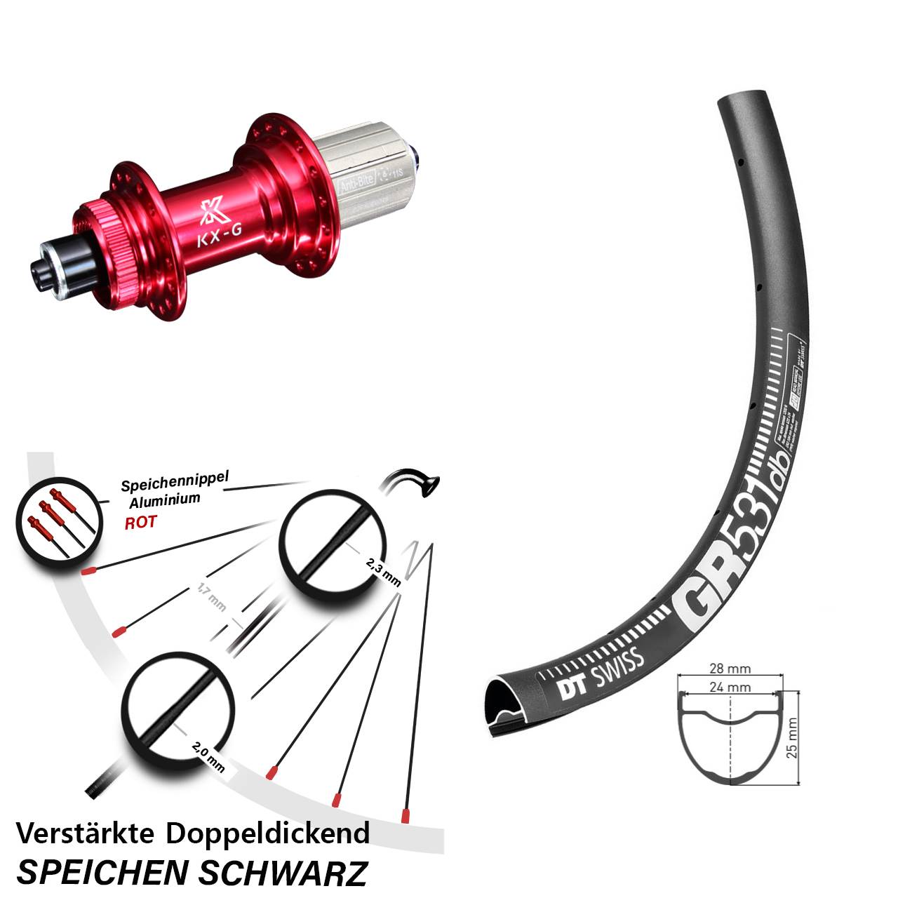 DT Swiss GR 531 Hinterrad Gravel 27,5 Zoll verstärkt KX-G Nabe rot 5x135 mm 8-12 fach