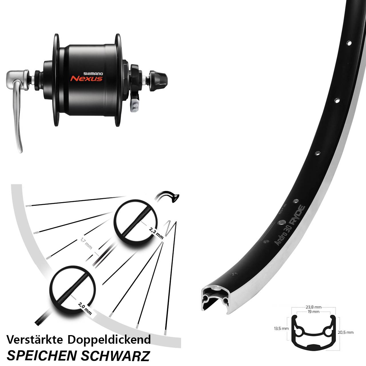 28 Zoll Ryde Andra 30 Shimano DH-C3000-3N Nabendynamovorderrad für Schnellspanner