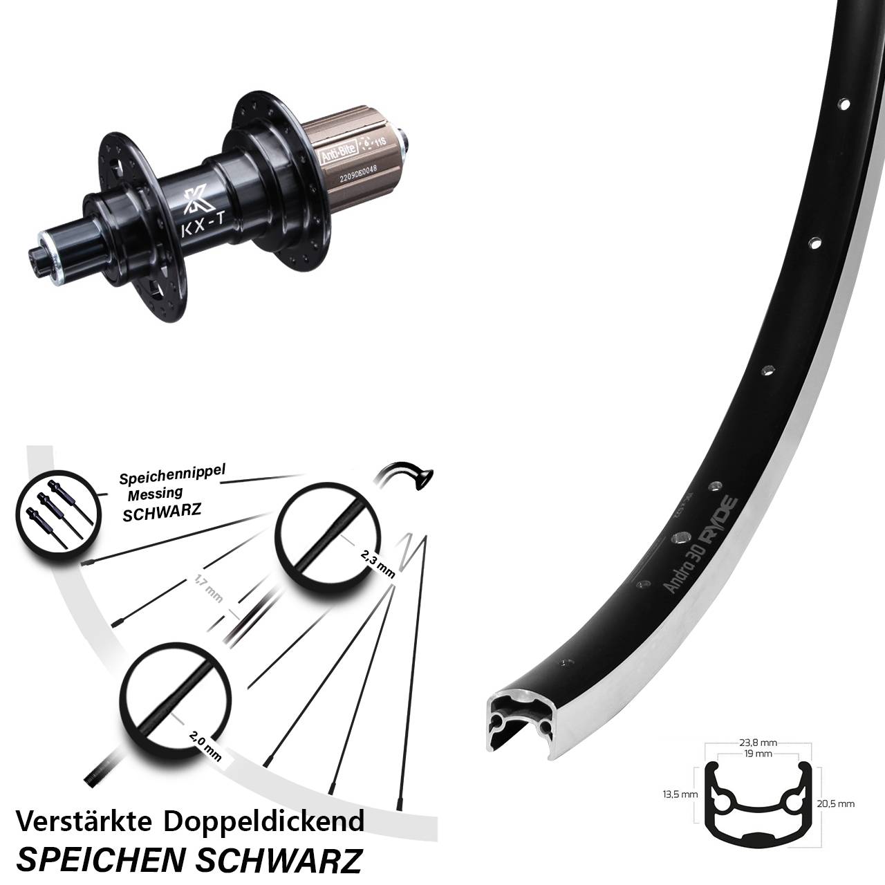 26 Zoll Hinterrad Ryde Andra 30 KX-T 8-11 fach QR verstärkte Speichen