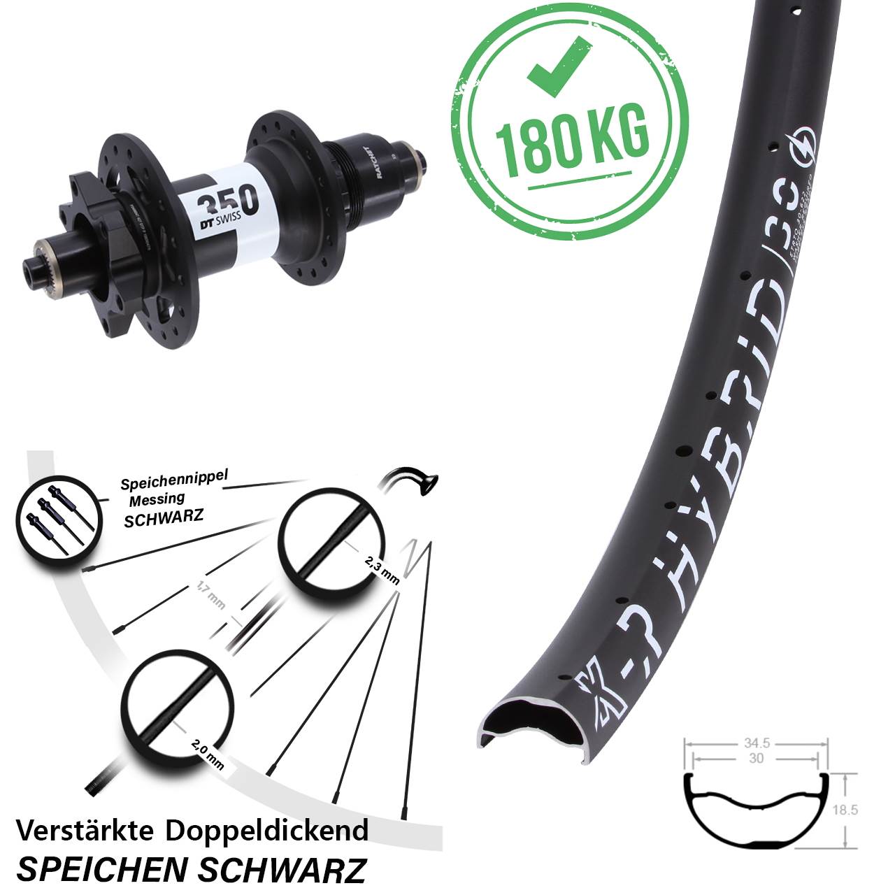29 Zoll KX-R Hybrid 30 DT Swiss 350 Disc Hinterrad für Schnellspanner XD