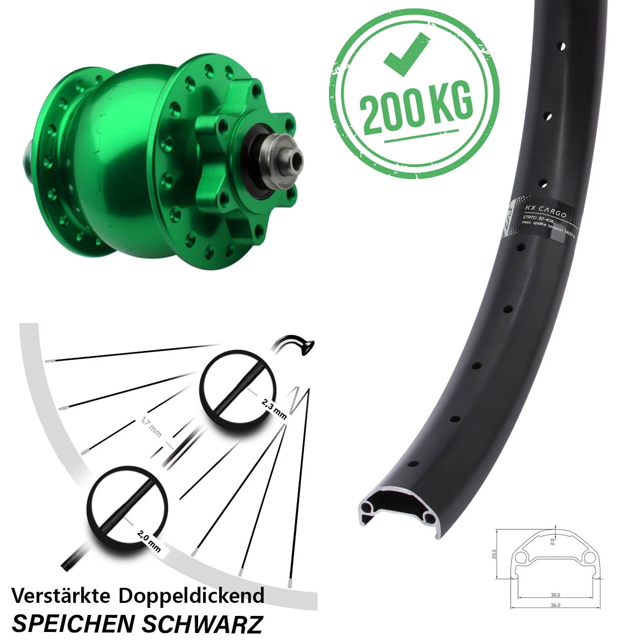 Vorderes Rad mit Nabendynamo SON 28 grün eloxiert KX Cargo 20 Zoll Lastenrad
