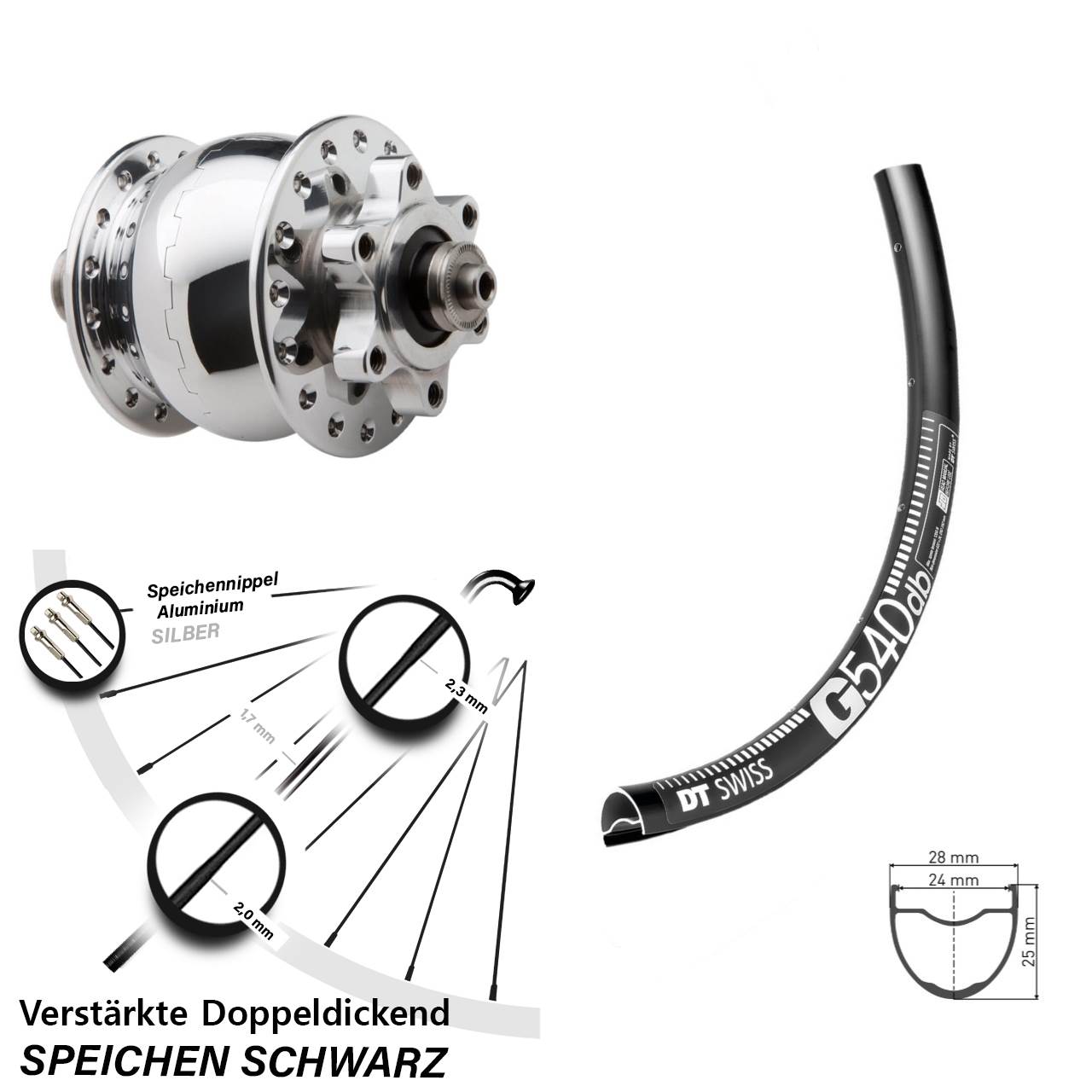 Disc Laufrad mit Nabendynamo 27,5 Zoll DT Swiss G540 SON 28 QR