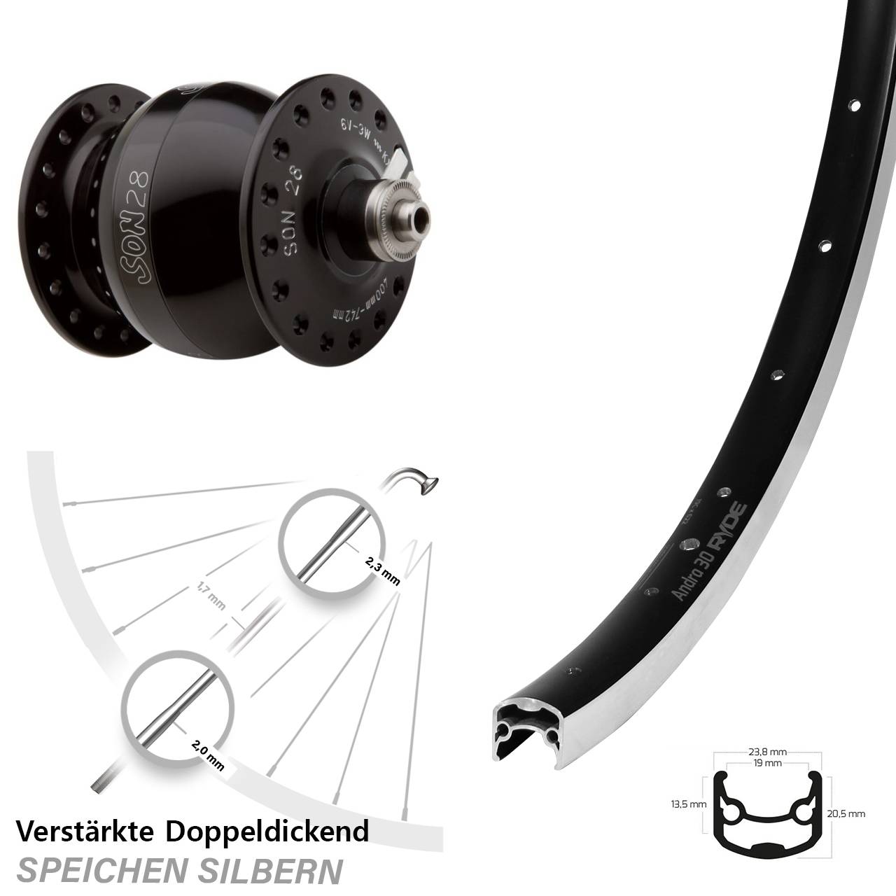 Nabendynamovorderrad QR 26 Zoll Ryde Andra 30 Son 28 schwarz